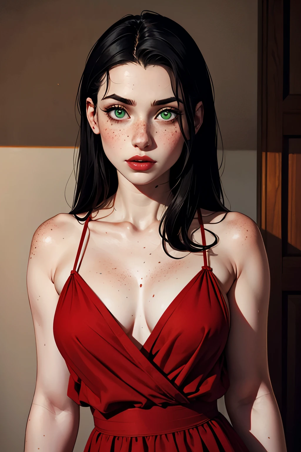 One girl, 20 years old, green_eyes, black_hair, pecas, retrato, pale skin, neckline red_dress