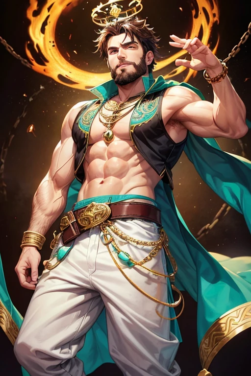 30 year old man, short brown and black hair, with brown beard short messy hair, green eyes, djinn clothing, turquoise sleeveless open vest, turquoise vest with white Arabic print, black Arabic pants, gold belt, bracelet djinn with gems, black boots, brown boots, phosphorescent green tattoos, surrounded by fire and green smoke with magic circles with chains tied to hands and feet surrounded by white chains on a background of Arabian ruins. with magic circles and a crown of fire on his head, slim muscular build