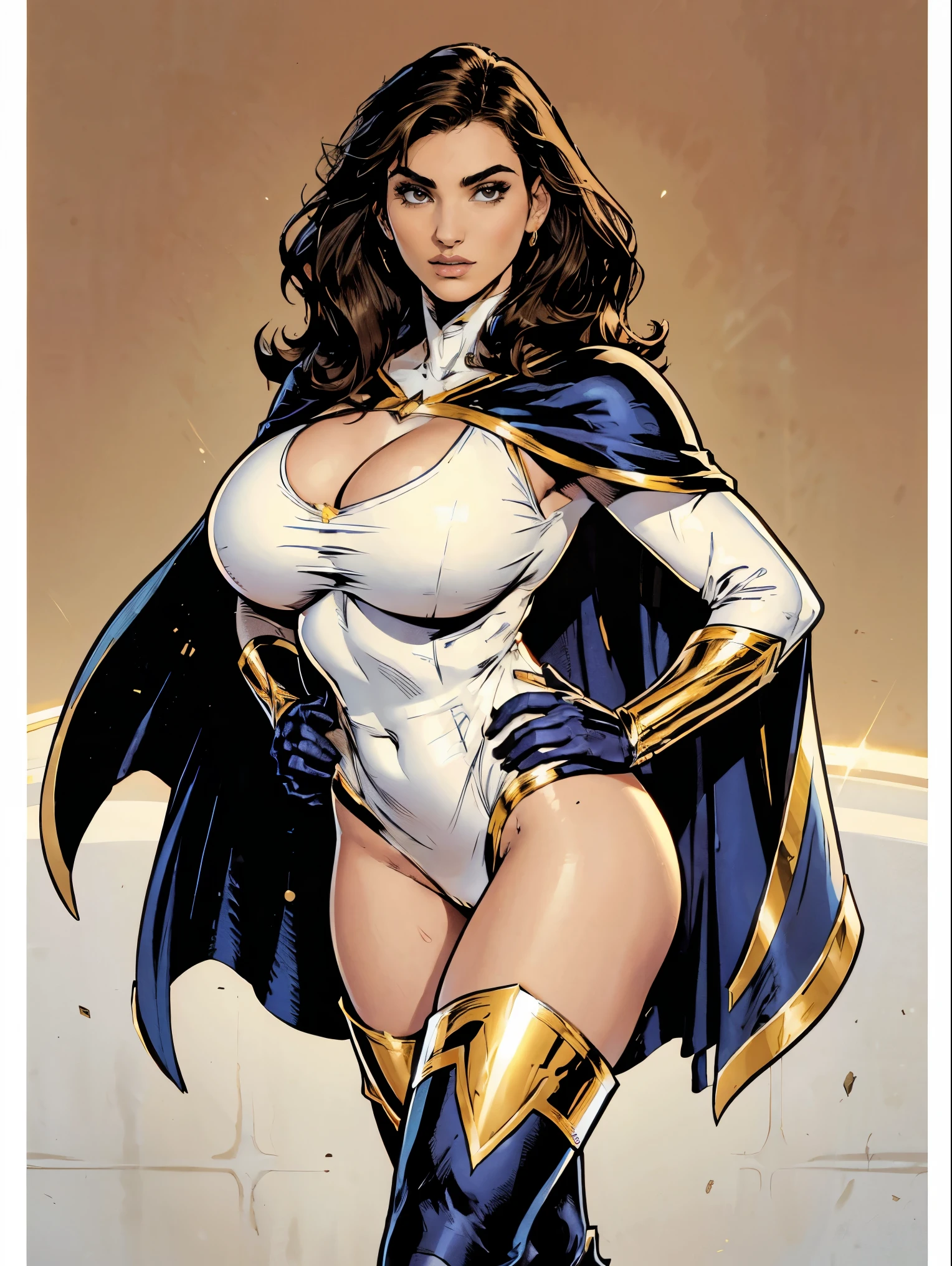 Gorgeous and sultry busty athletic (thin) brunette with sharp facial features and a (large nose) and (huge boobs) wearing a white and gold superhero leotard, cape, gloves, thigh-high boots