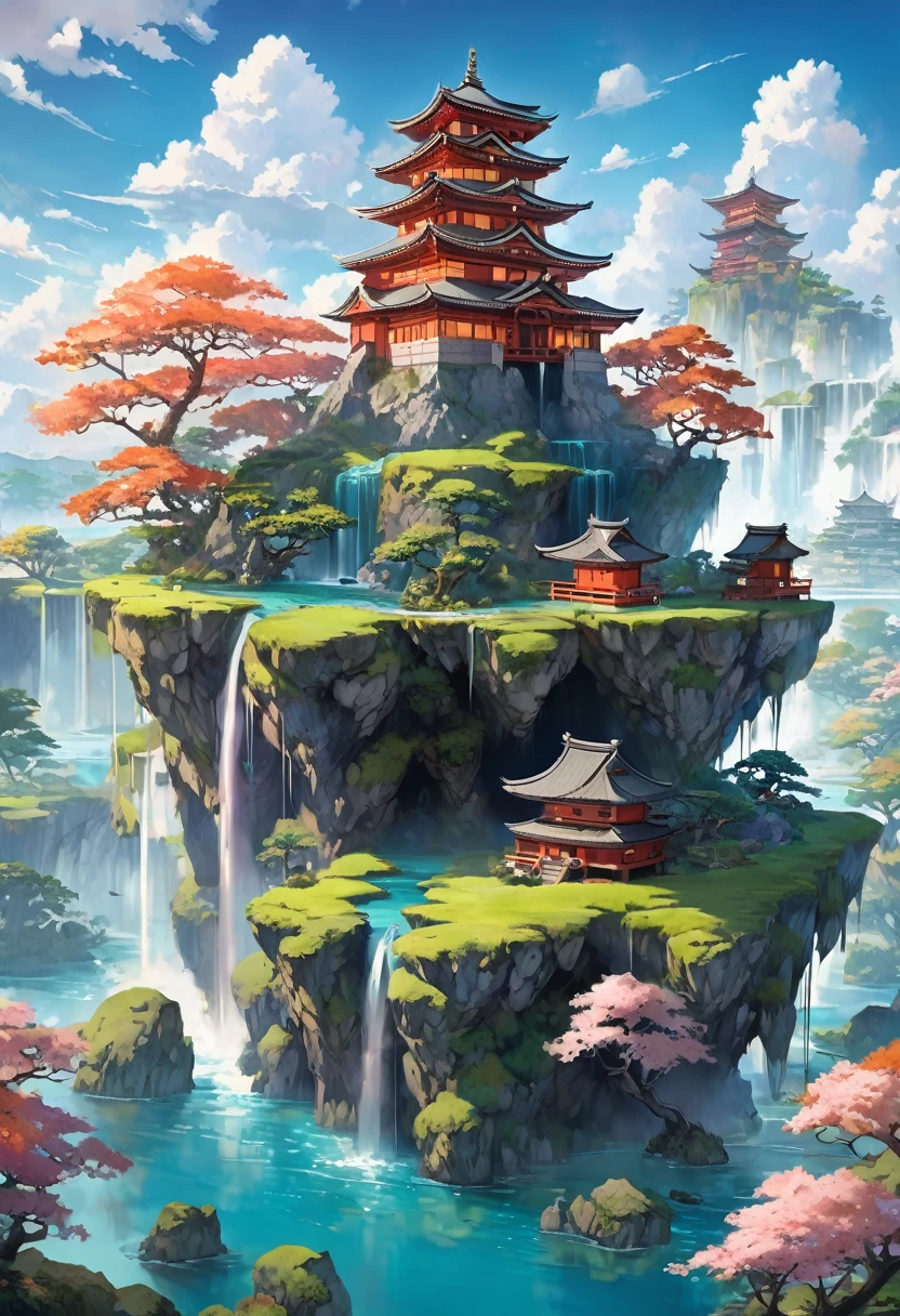 floating, floatingisland, landscape, floating island, Fantastic sky, rich vegetation,  Magical creatures, Vibrant colors, realistic beauty, Soft sunlight, Through the clouds, hidden cave, waterfall, Japantown, Fantastic flora and fauna, Quiet Peace, enchanting landscape, The charm of another world,Japanese-style architecture