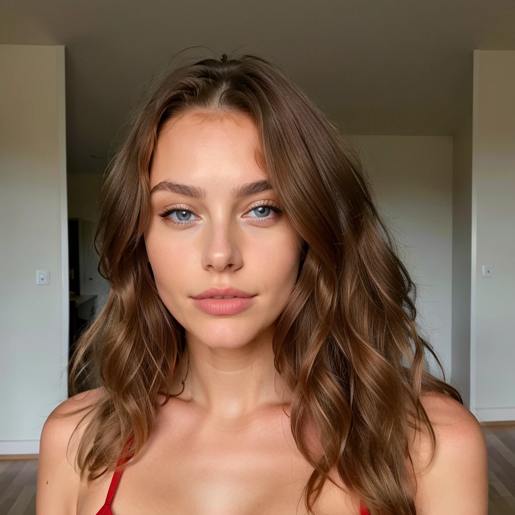 Belle brune aux reflets blonds portant en soutien gorge sexy rouge (dans une salle ), very detailed, 22 ans, , , visage innocent, natural wavy hair, yeux bleus, high resolution, chef-d'artwork, Best quality, Intricate details, very detailed, Sharpness, detailed skin, texture de peau réaliste, texture, detailed eyes, professionnel, 4k, sourire charmant, shot with Canon, 85mm, faible profondeur de champ, Couleur de vision Kodak, corps parfaitement ajusté , Extremely detailed, la photographie_\(ultra\), photorealistic, Realistic, Post-traitement, Maximum details, roughness, vrai vie, ultra realistic, photorealism, la photographie, 8k euh, la photographie,de dos,vue de ses fesses (nue)!