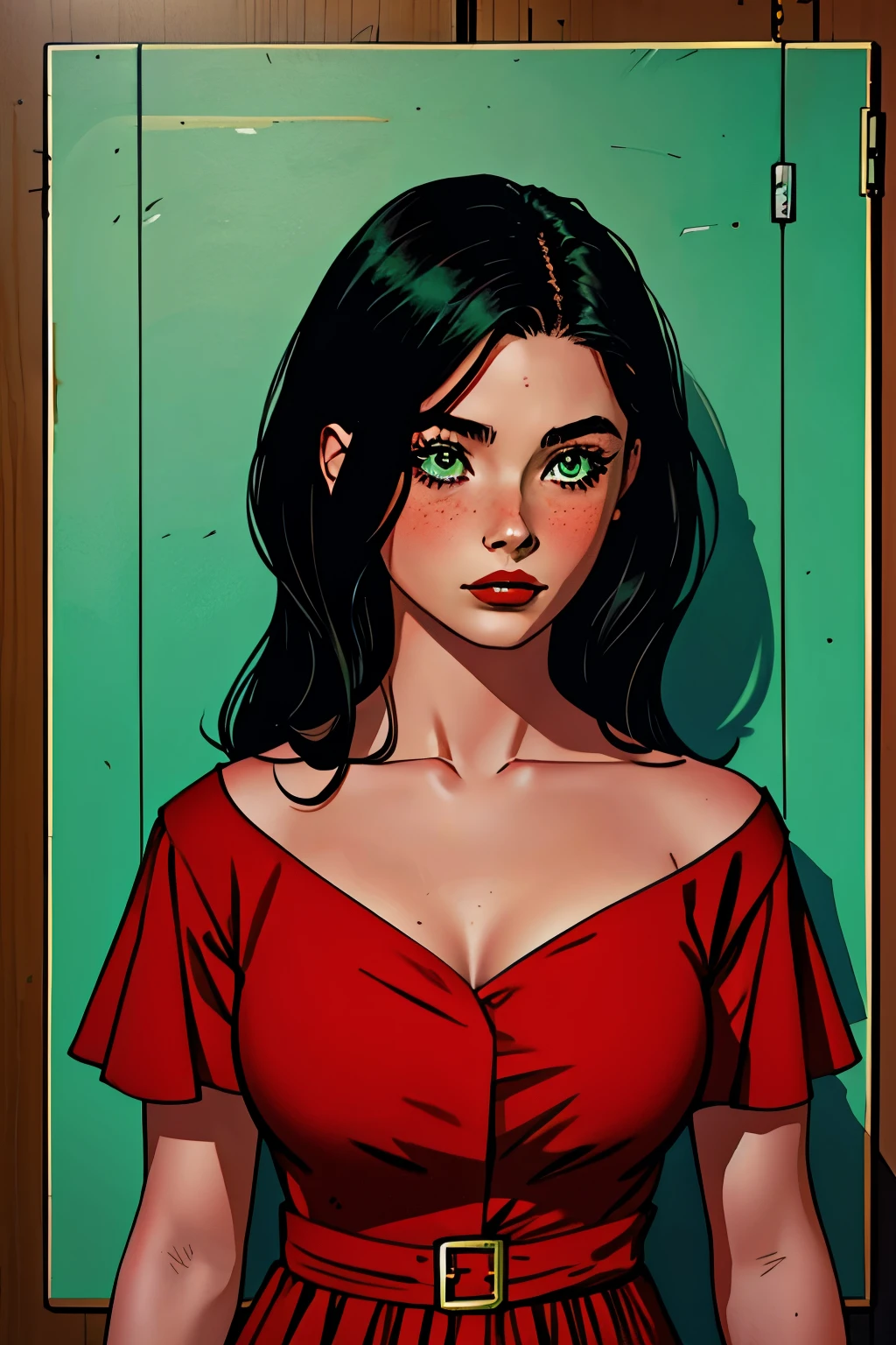 One girl, 20 years old, green_eyes, black_hair, pecas, retrato, neckline red_dress