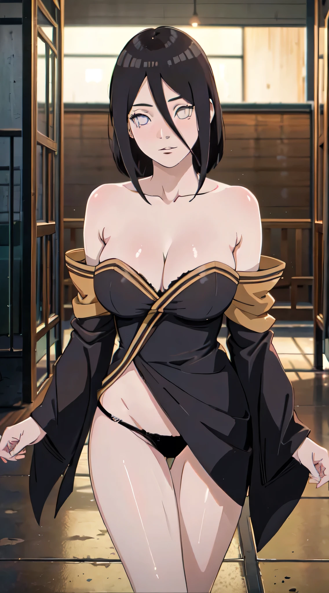 ((((masterpiece, best quality, high resolution)))), 1girl, average breasts, blush, light smile, parted lips, glow, thighs, bare shoulders, collarbone, narrow waist, cleavage, (masterpiece), (beautiful detailed face, beautiful detailed eyes), (hanabi\(boruto\)