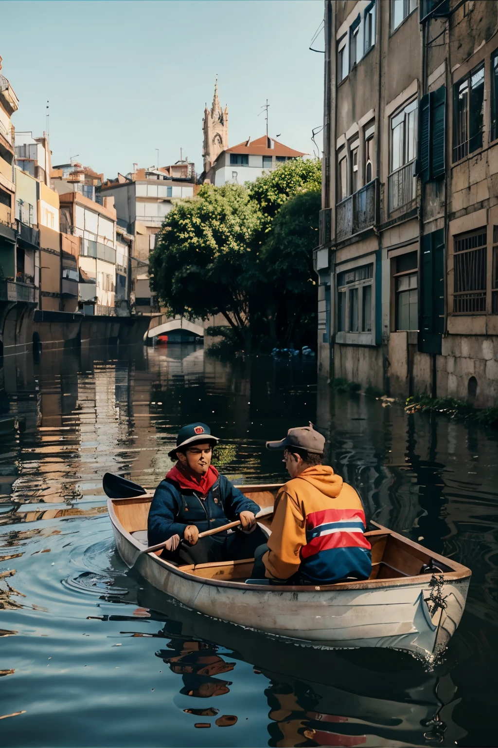 a detailed animation of two sad boys, wearing caps and warm clothes, in a rowing boat, rescuing dogs from a 5 meter flood, in the city of Porto Alegre, Disney style, with lots of vibrant colors, written below the phrase "AJUDE O RIO GRANDE DO SUL", Pixar, UHD, best quality