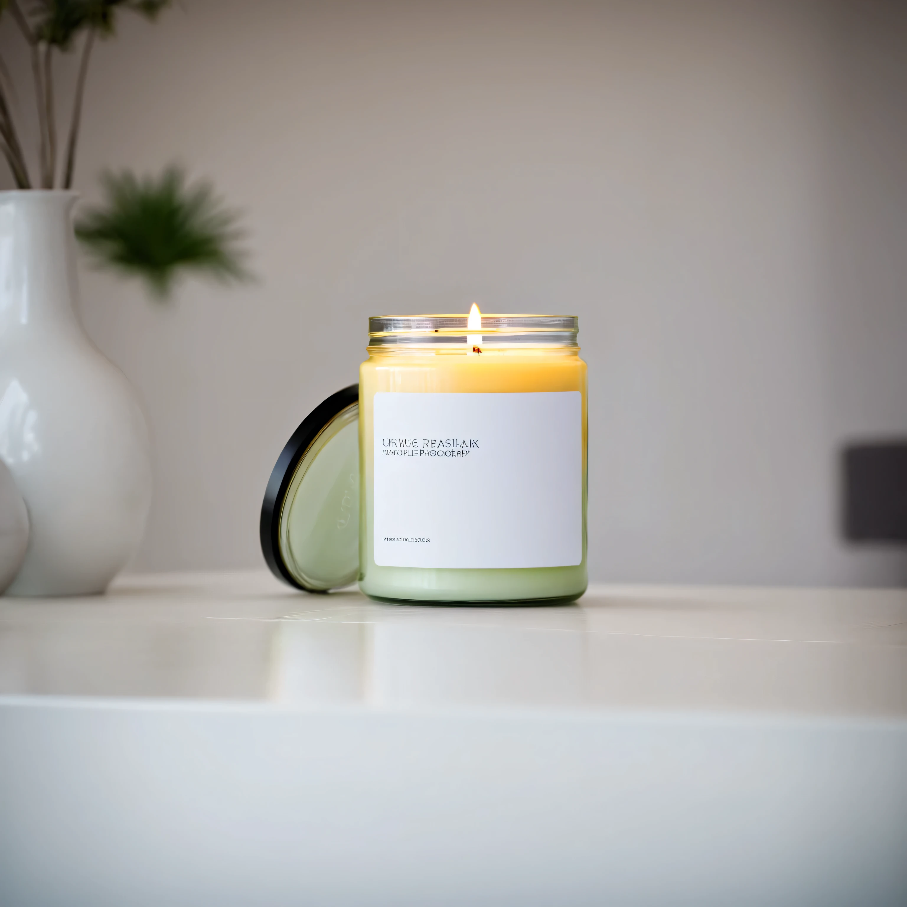 small candle in a jar with white label and black lid, standing on a table in modernistic, designer interior, professional photography, a7s camera, 50mm lens, macro, shallow depth of field, daylight