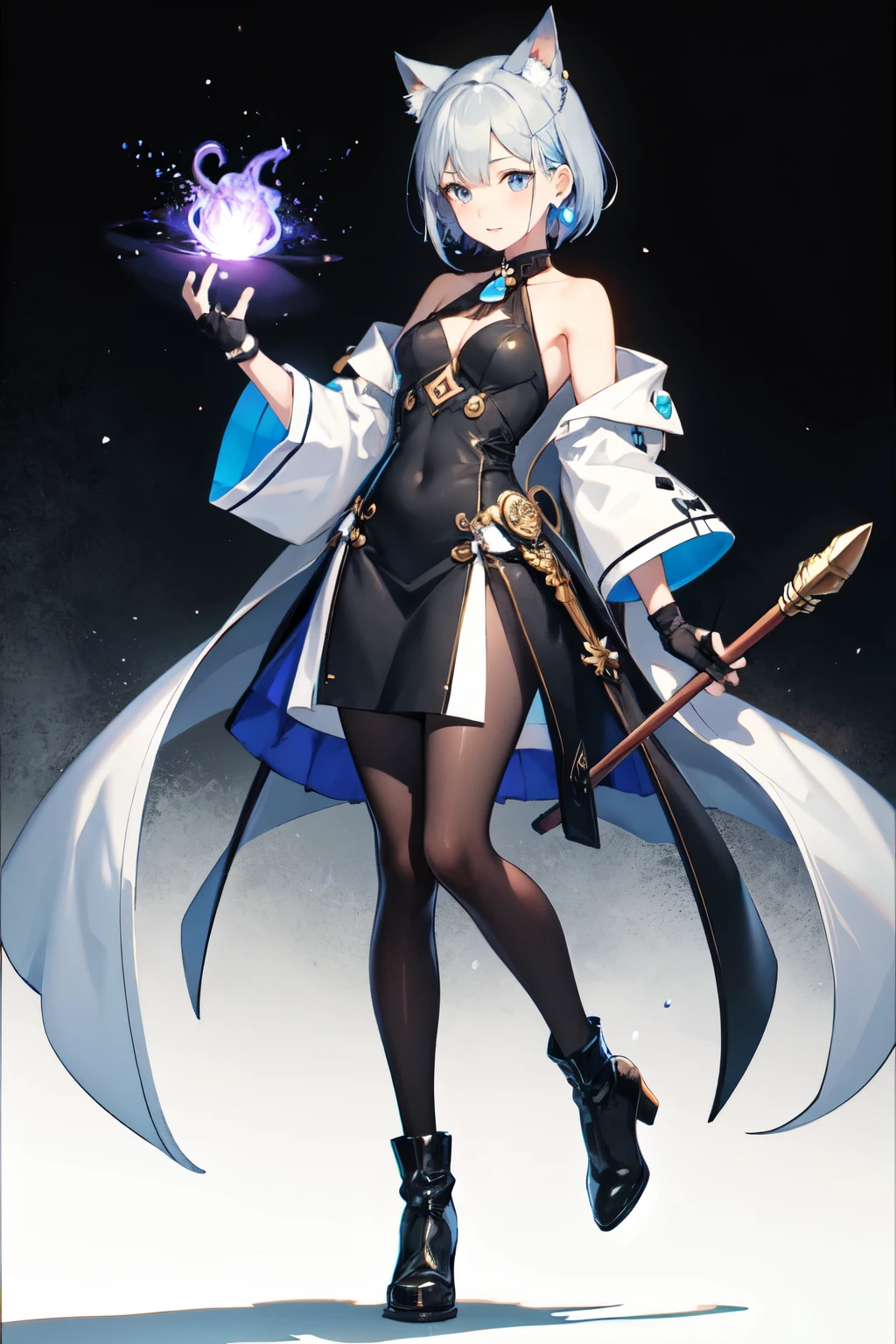 atori kuramine, animal ears, 1girl, boots, pantyhose, gloves, fingerless gloves, short hair, light blue hair, grey eyes, earrings, Witch Craft Works