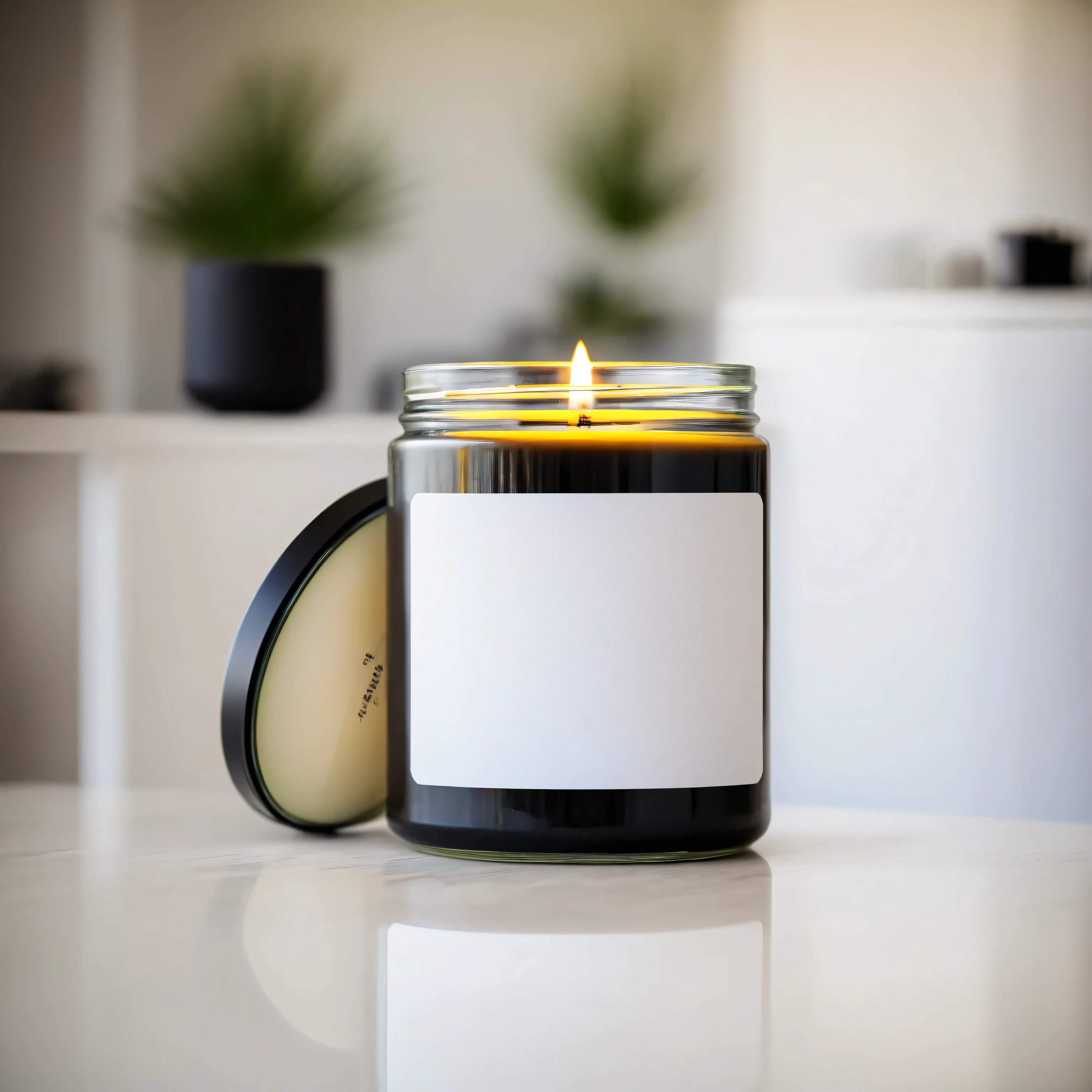 small candle in a jar with white label and black lid, standing on a table in modernistic, designer interior, professional photography, a7s camera, 50mm lens, macro, shallow depth of field, daylight