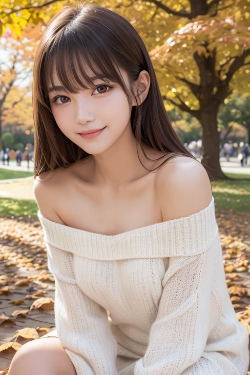 one girl, (a beauty girl, delicate girl:1.3), (16 years old:1.3),
break, (Off-the-shoulder knit, Oversized knit、White knit dress:1.2),
break, Very fine grain definition, (Symmetrical eyes:1.3),
break, (A park with autumn leaves:1.3),
break, Small breasts, Brown eyes, Parted bangs, Brown Hair, girl,
break, (Eye and facial details:1.0),
break, (masterpiece, highest quality, Super detailed, Detailed face, 8k)、Thighs、Selfie、Sitting on the grass、smile、Side Tail、topless