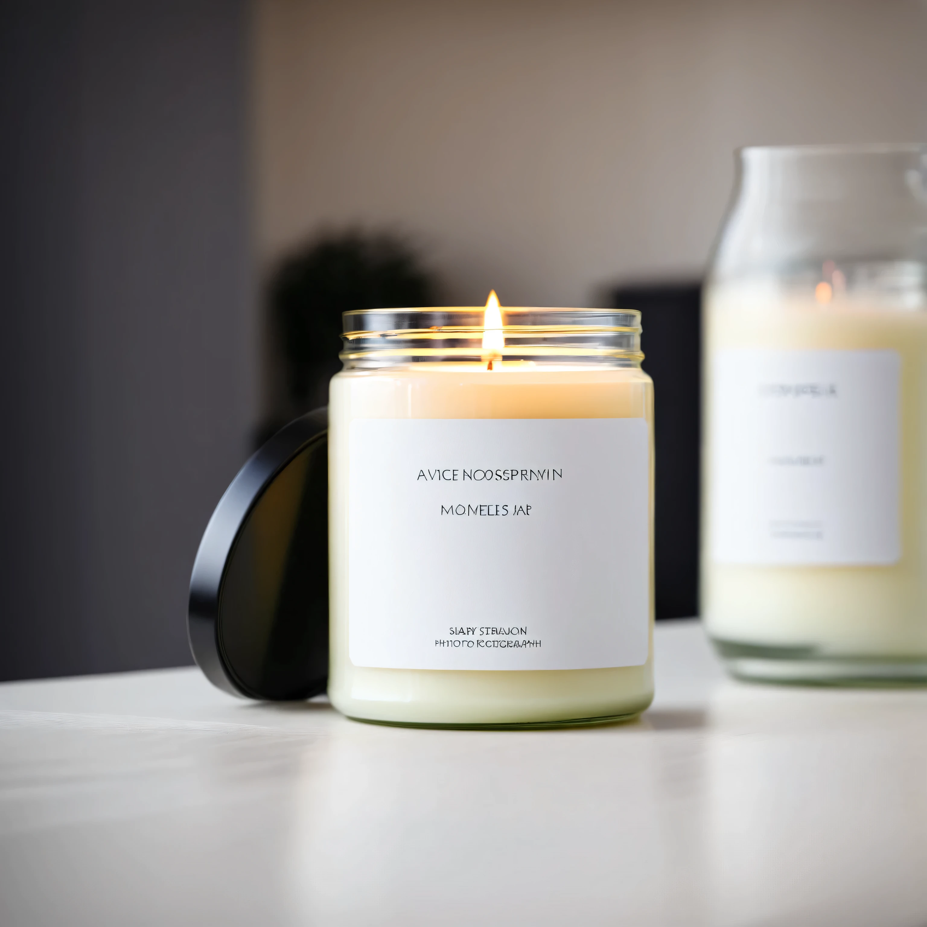 small candle in a jar with white label and black lid, standing on a table in modernistic, designer interior, professional photography, a7s camera, 50mm lens, macro, shallow depth of field, daylight