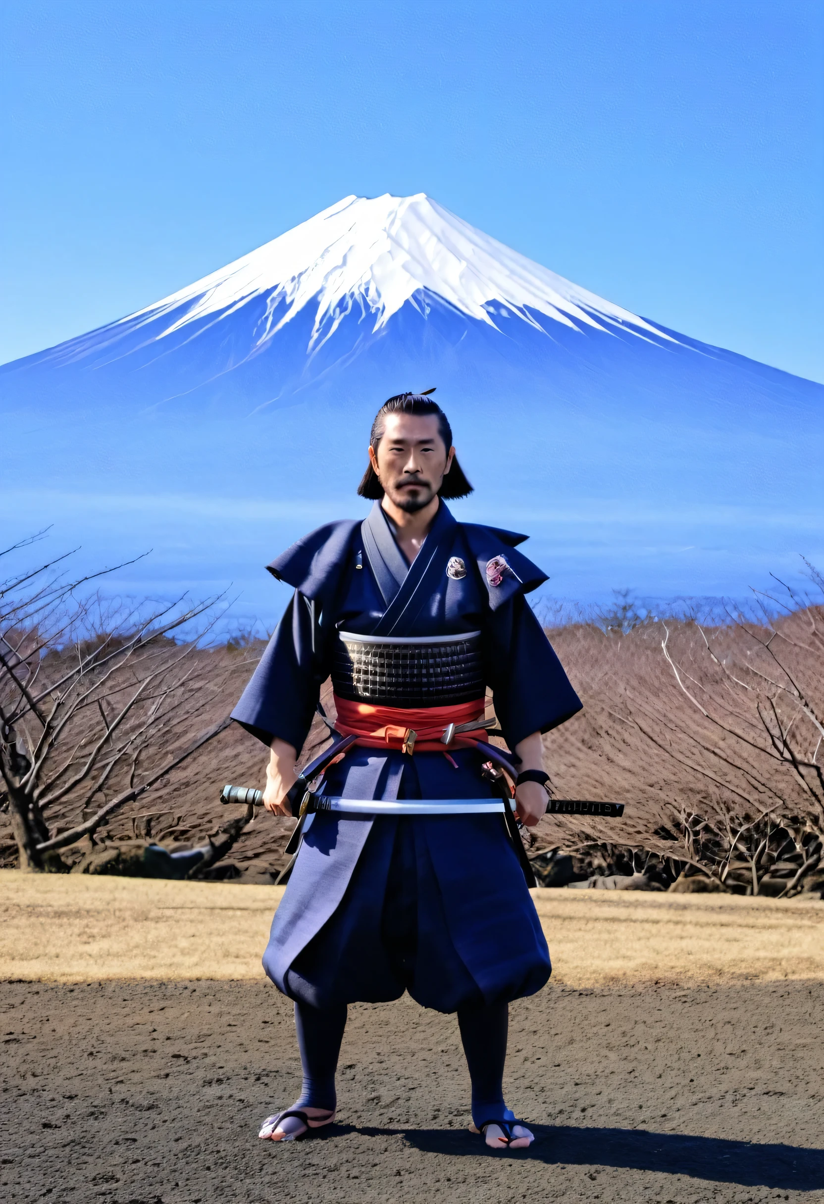 With the beautiful Mount Fuji in the background、A samurai stands in front of it