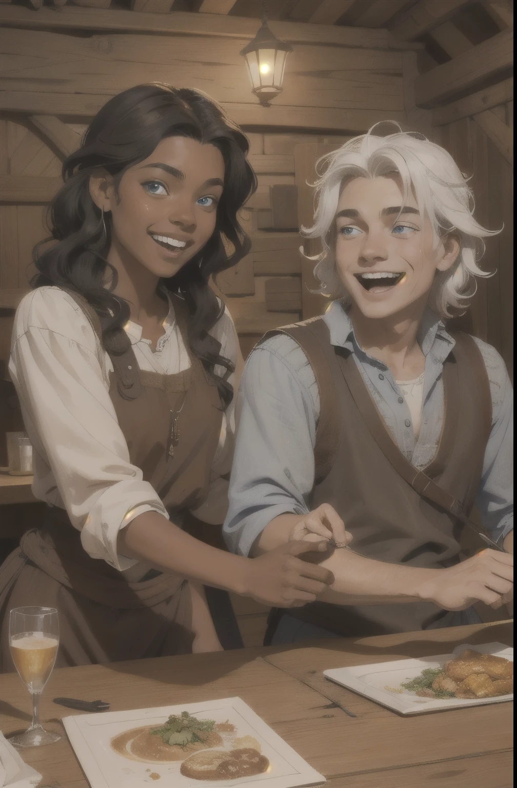 A young couple, around 20 years old, laughing and enjoying dinner at a tavern table. The man has fair skin, white hair, blue eyes, and a mark on his neck. The woman has dark, black skin, long curly hair, and brown eyes. They are wearing comfortable yet beautiful clothes. The artwork should be realistic with elements of dungeons and dragons, oil drawing, complex lighting, watercolor, fantasy, defined lines, flat saturated colors, cinematic composition, perspective, sketch style, ultrarealistic, HD, warm colors, and a medieval tavern background.