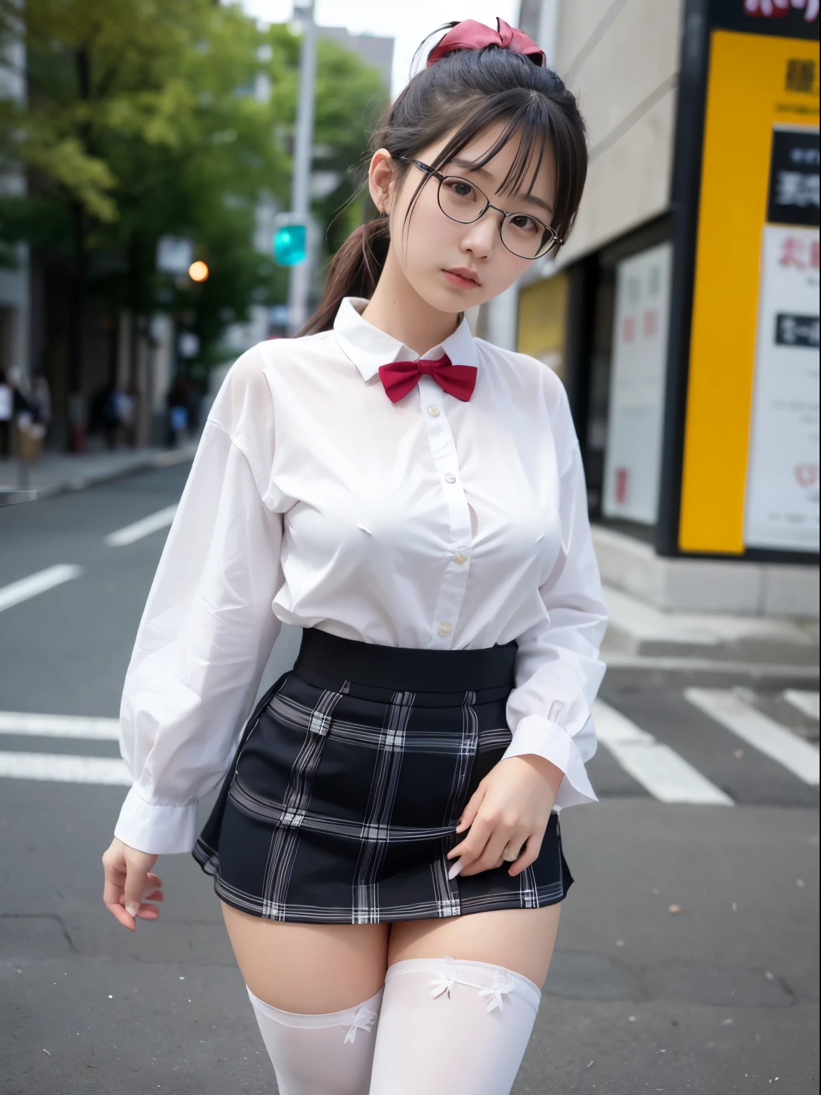 (8k、RAW Photosgraphy、highest quality、masterpiece:1.2),Black Pantyhose,Absurd,Small Face,前hairを真ん中から分ける、The forehead is visible,(eyeを細めて,strong,skinny,Sanding,Rage)、masterpiece,highest quality、超A high resolution,RAW Photos,Len,beautiful,one person, solo,Glasses,,Dark look,非常にLarge Breasts,whole body,Round Glasses、cute、Japanese women,standing,(eyeを細めて,strong,skinny,Sanding,Rage,,Huge breasts)、(Photorealistic:1.37)、Photon Mapping,Light blue ribbon,Realistic、cute顔,茶色のeye、Black socks、(Red bow tie)、Radio City、物理ベースLenダリング、prospect、Depth of written boundary、Blurred Background、picture,Girls、body, Long legs, Thin legs,ponytail,(前hairが見える), hair, Lips, green_eye, Nose Soft,White shirt, Navy blue and white plaid pleated skirt, I can see your knees,See-through clothing,, thigh, black cotton socks,Nogizaka Idol, , Japanese Ido、Large Breasts、Open your shirt to reveal your chest、Cleavage、How to put out panties、whole body写真、Shirt buttons fly off、Knee-high socks