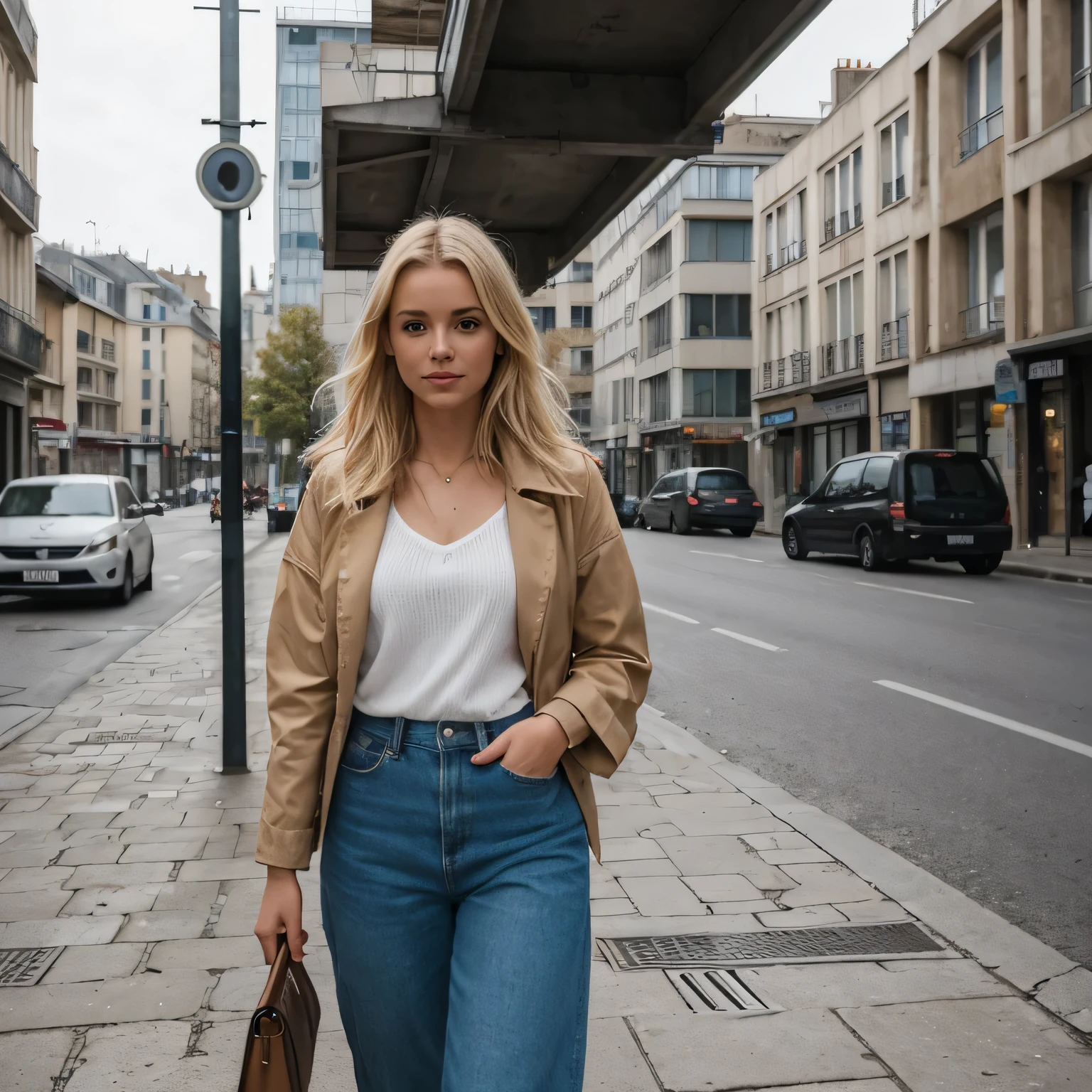 une jeune femme blonde : Une photo de mode urbaine où la femme porte une tenue tendance et décontractée. Elle pourrait se tenir au coin d'une rue, with urban buildings in the background, giving the impression that she is in the heart of the action. L'idée est de montrer son sens du style et de l'aventure dans la ville.