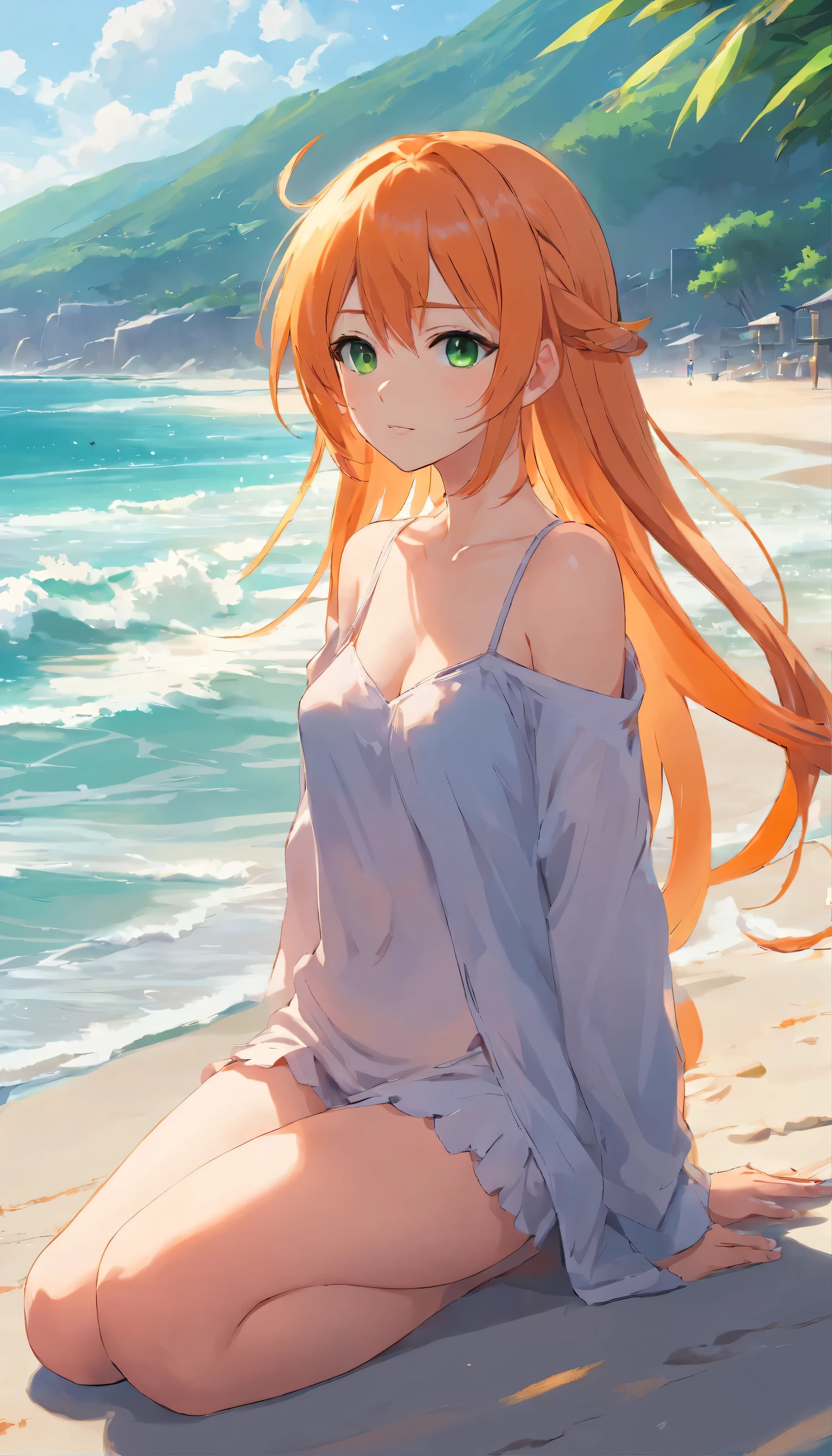 anime girl with long orange hair standing on beach near ocean, green eyes detailed digital anime art,, anime girl with long hair, smooth anime cg art, anime girl with long hair, average breast size, digital anime art, artwork in the style of guweiz, beautiful anime portrait, photorealistic anime girl render, beautiful anime girl, advanced digital anime art, pantyhose, guweiz on artstation pixiv upscale HD UHD HQ