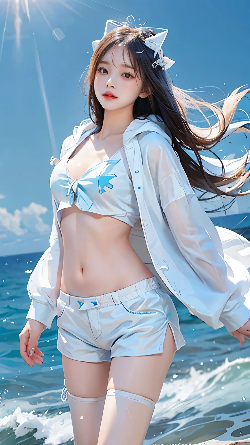 In the clear blue sea、Wearing a white hoodie fluttering in the wind、A woman wearing shorts、standing on the waves。Her hair is long、Shine white、Swaying in the waves。belly button。