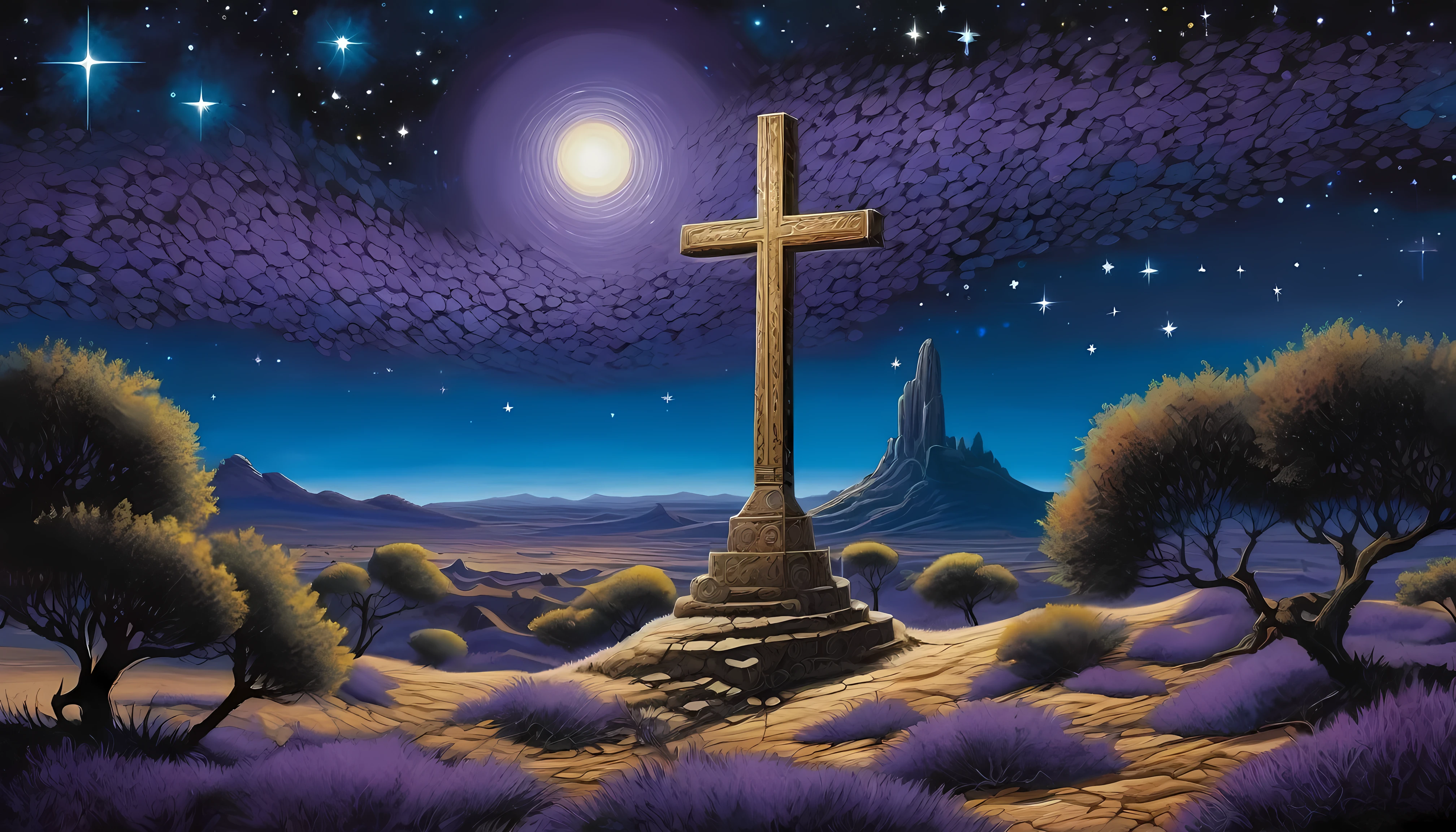 The painting depicts a deep, starry night sky, com a Cruz do Sul brilhando intensamente no centro. The surrounding stars are painted in dark blue and purple tones, creating a feeling of mystery and darkness. The cross itself is depicted in intricate detail, radiating a celestial light that seems to cut through the very fabric of the universe. Abaixo da cruz, there is an arid and desolate landscape, sugerindo um deserto ou uma terra abandonada. No horizonte distante, the shadows of ancient ruins can be glimpsed, giving a feeling of antiquity and mystery. The overall atmosphere is dark and melancholic, but also charged with a transcendental and sacred power, evoking the song's themes of spiritual quest and redemption.