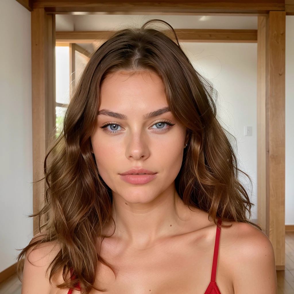 Belle brune aux reflets blonds portant en soutien gorge sexy rouge (dans une salle ), very detailed, 22 ans, , , visage innocent, natural wavy hair, yeux bleus, high resolution, chef-d'artwork, Best quality, Intricate details, very detailed, Sharpness, detailed skin, texture de peau réaliste, texture, detailed eyes, professionnel, 4k, sourire charmant, shot with Canon, 85mm, faible profondeur de champ, Couleur de vision Kodak, corps parfaitement ajusté , Extremely detailed, la photographie_\(ultra\), photorealistic, Realistic, Post-traitement, Maximum details, roughness, vrai vie, ultra realistic, photorealism, la photographie, 8k euh, la photographie,de dos,vue, view ass nude