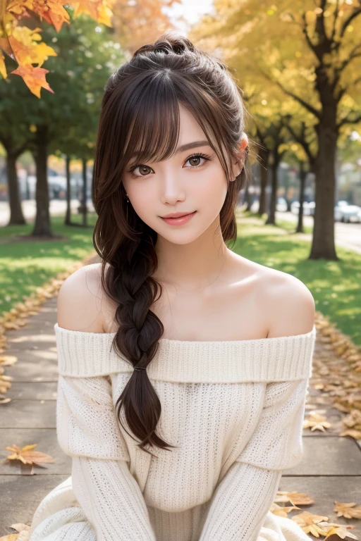 one girl, (a beauty girl, delicate girl:1.3), (16 years old:1.3),
break, (Off-the-shoulder sweater, White sweater dress:1.2),
break, Very fine grain definition, (Symmetrical eyes:1.3),
break, (Lush green park:1.3),
break, Small breasts, Brown eyes, Parted bangs, Brown Hair, girl,
break, (Eye and facial details:1.0),
break, (masterpiece, highest quality, Super detailed, Detailed face, 8k)、Thighs、Selfie、Sitting on the grass、smile、Short Twin Tails、topless