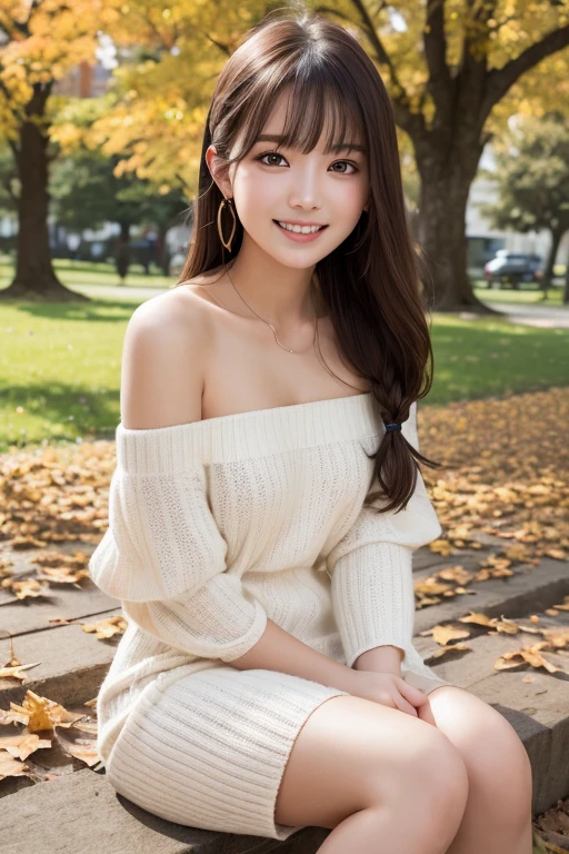 one girl, (a beauty girl, delicate girl:1.3), (24-years-old:1.3),
break, (Off-the-shoulder knit, Oversized knit、White knit dress:1.2),
break, Very fine grain definition, (Symmetrical eyes:1.3),
break, (A park with autumn leaves:1.3),
break, Small breasts, Brown eyes, Parted bangs, Brown Hair, girl,
break, (Eye and facial details:1.0),
break, (masterpiece, highest quality, Super detailed, Detailed face, 8k)、Thighs、Selfie、Sitting on the grass、smile、Braided、