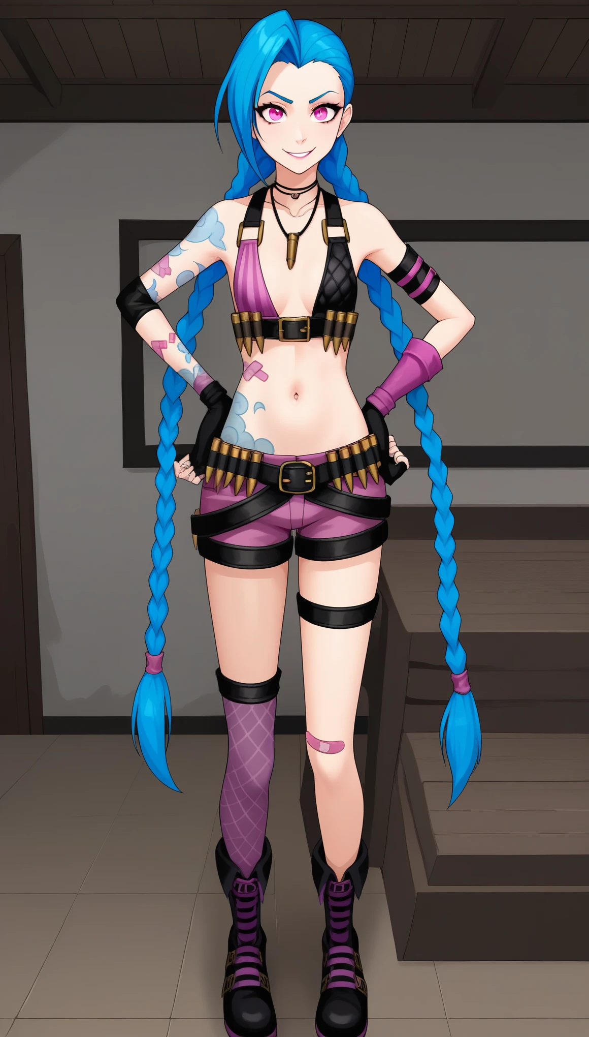 JinxLoLXL, pink eyes, blue hair, bangs, long hair, braid, twin braids, tattoo, small breasts, necklace, bikini top only, (two-tone bikini top), navel, gloves, single elbow glove, fingerless gloves, bullet belt, purple short shorts, single purple thighhigh, bandaid on leg, boots, solo, standing, looking at viewer, indoors