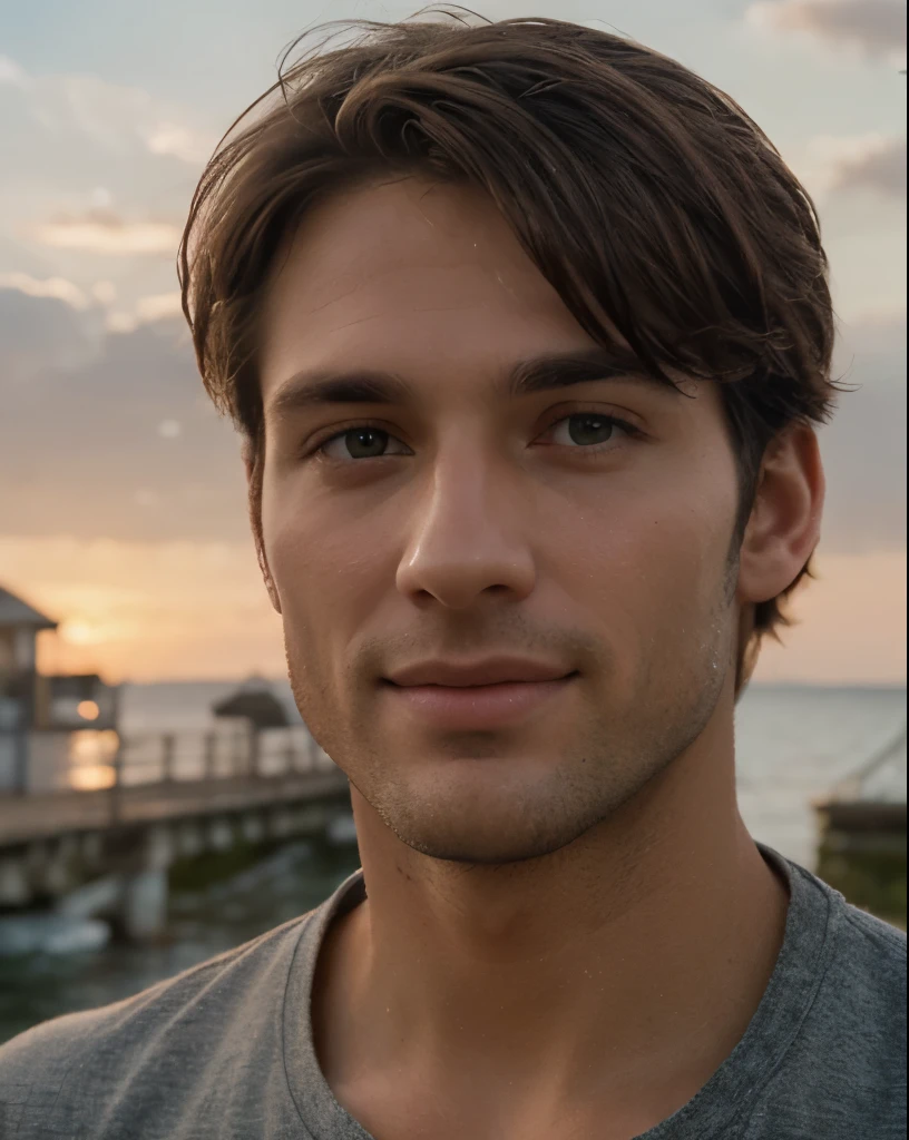 ((photograph, 35mm, f/8)), realistic, masterpiece, ((handsome 35 year old desirable caucasian man with distinguished features, standing on a long pier at sunrise)), light brown medium length hair, cropped sides, no facial hair, clean shaved face, intriguing green eyes)), athletic build, tall height, seductive smile with a gentle expression, detailed depiction of facial features, perfectly symmetrical face, crisp details, bright outdoor lighting masterfully accentuates his excellent features