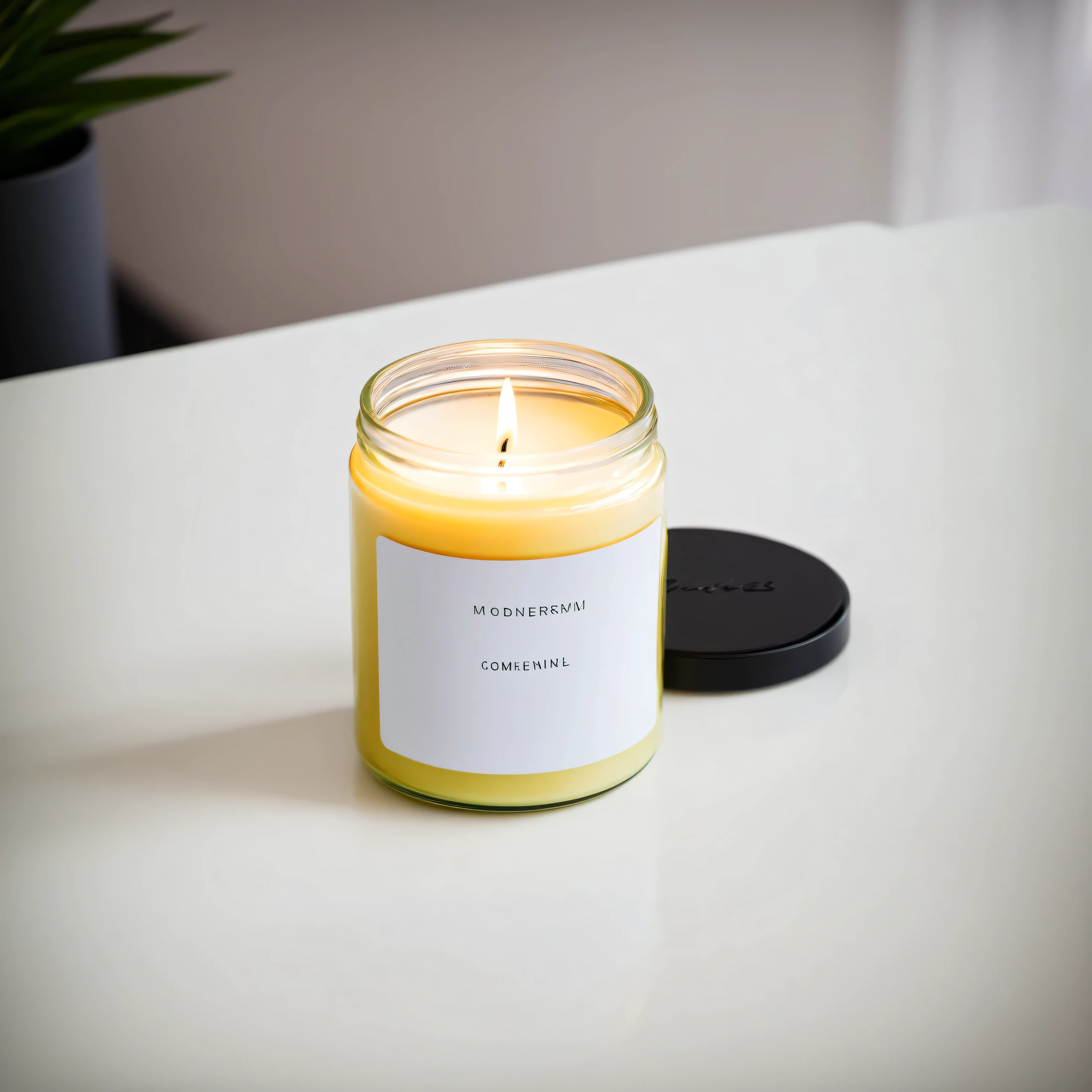 small candle in a jar with white label and black lid, standing on a table in modernistic, designer interior, professional photography, a7s camera, 50mm lens, macro, shallow depth of field, daylight