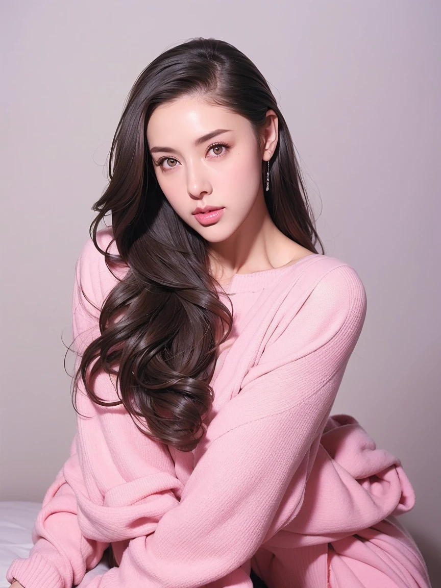 pose of a sensual ultra hot Girl, long brown hair, gray eyes, sharp features, white skin, pink lips, half-opened gray oversized sweater, full waist up pose , upper knees pose ,