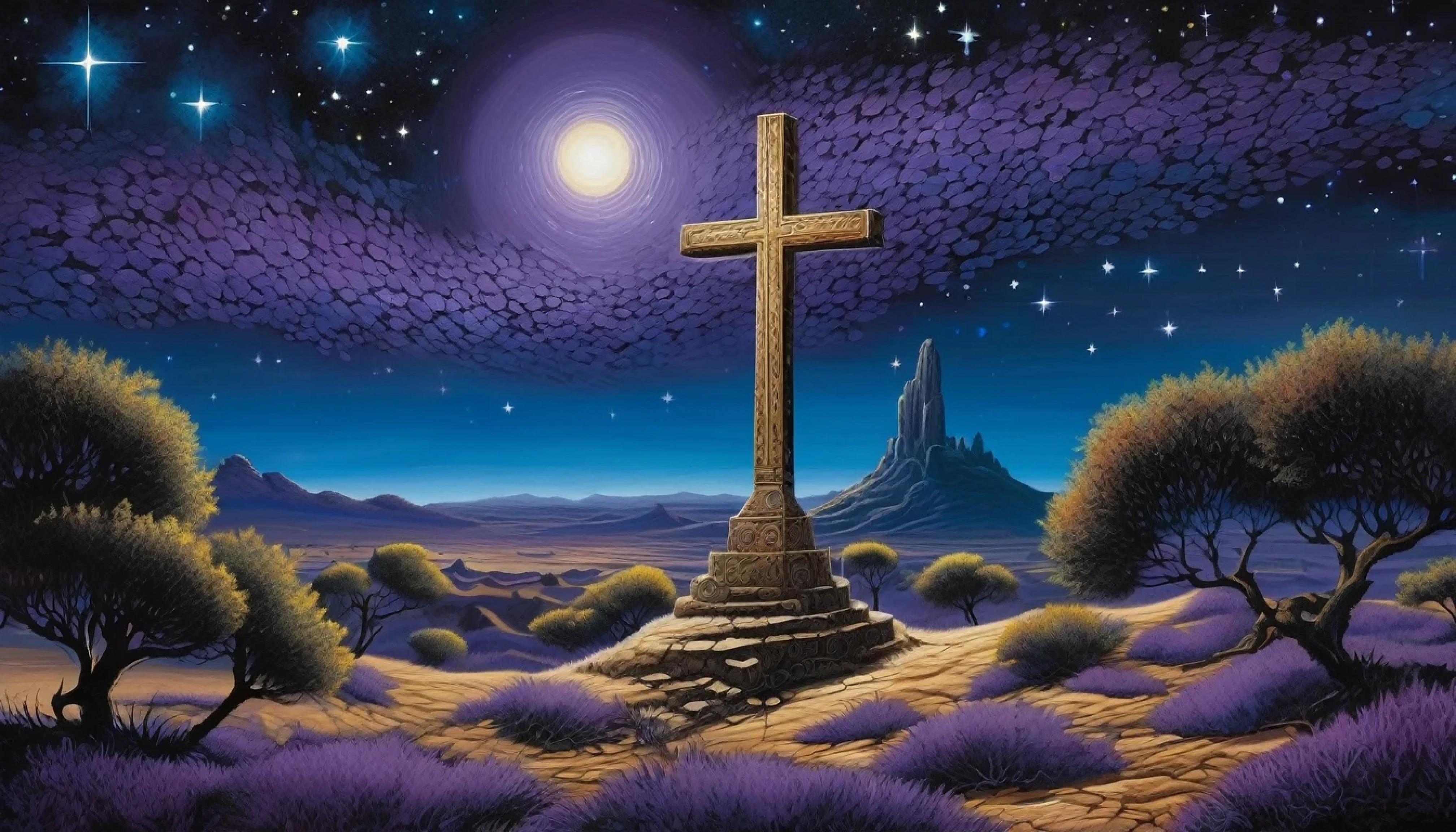 The painting depicts a deep, starry night sky, com a Cruz do Sul brilhando intensamente no centro. The surrounding stars are painted in dark blue and purple tones, creating a feeling of mystery and darkness. The cross itself is depicted in intricate detail, radiating a celestial light that seems to cut through the very fabric of the universe. Abaixo da cruz, there is an arid and desolate landscape, sugerindo um deserto ou uma terra abandonada. No horizonte distante, the shadows of ancient ruins can be glimpsed, giving a feeling of antiquity and mystery. The overall atmosphere is dark and melancholic, but also charged with a transcendental and sacred power, evoking the song&#39;s themes of spiritual quest and redemption.







