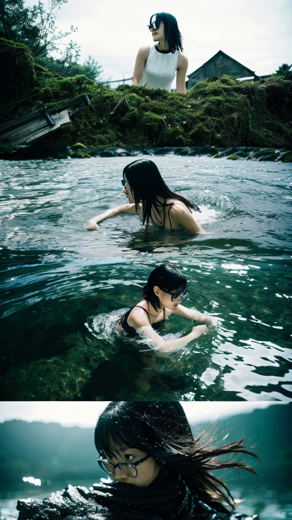 In the water,moss,Showa,Collapse,Devastation,Inside the ruins,Glasses,Women,adventure,Black and White,