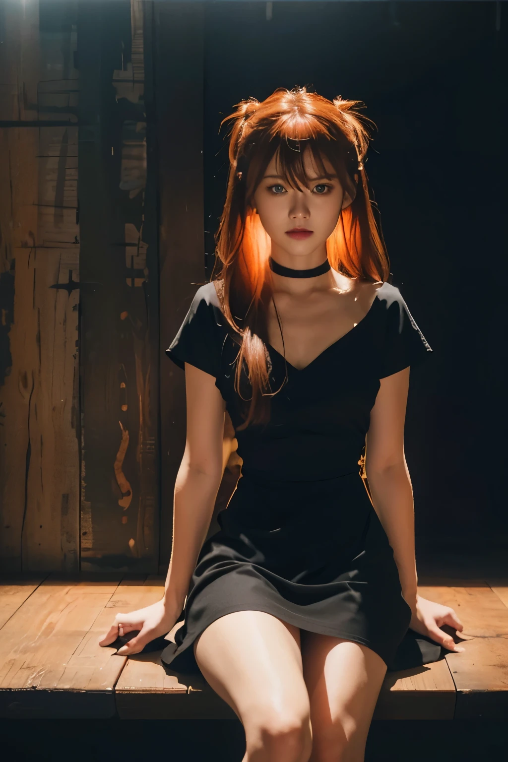 (1 lady), (Best quality at best:1.4), (ultra - detailed), (extremely detailed CG unified 16k), red hair, sitting on a wooden bench in a dark room, wearing a black dress, anime. soft lighting, portrait, photorealistic, photography, photorealistic, 8K High Quality RAW Photography, long hair, beautiful girl, attractive girl, seductive girl, very detailed, High-definition RAW color photo, professional photoshooting, amazing face and eyes, cosmetics, realistic cinematic face, gorgeous, extremely beautiful face, perfect model beauty, average facial expression, Highly Detailed Face and Skin Texture, Detailed Eyes, Double Eyelids, (masterpiece), best quality, high resolution, extremely detailed, amazing legs, clear and well-cared skin, blue eyes, euro-asian face