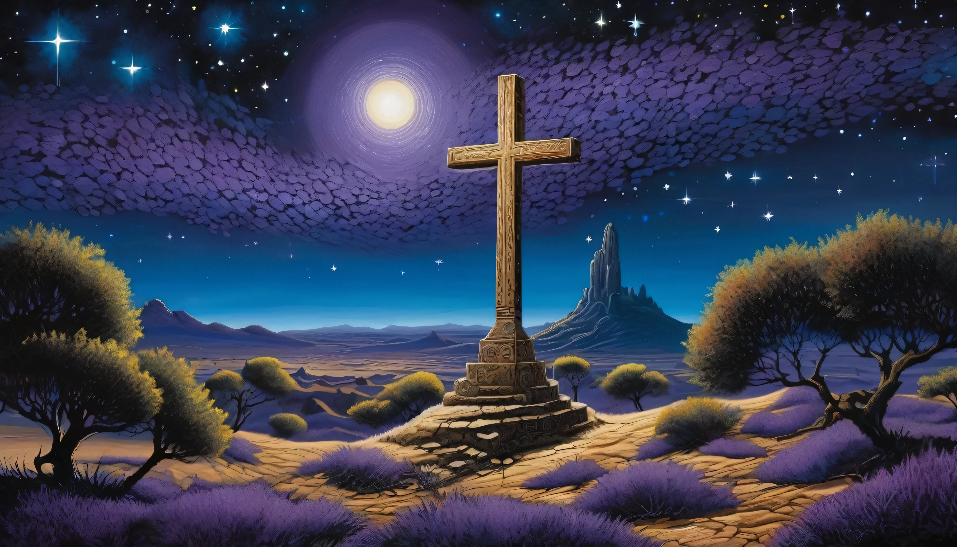 The painting depicts a deep, starry night sky, com a Cruz do Sul brilhando intensamente no centro. The surrounding stars are painted in dark blue and purple tones, creating a feeling of mystery and darkness. The cross itself is depicted in intricate detail, radiating a celestial light that seems to cut through the very fabric of the universe. Abaixo da cruz, there is an arid and desolate landscape, sugerindo um deserto ou uma terra abandonada. No horizonte distante, the shadows of ancient ruins can be glimpsed, giving a feeling of antiquity and mystery. The overall atmosphere is dark and melancholic, but also charged with a transcendental and sacred power, evoking the song's themes of spiritual quest and redemption.