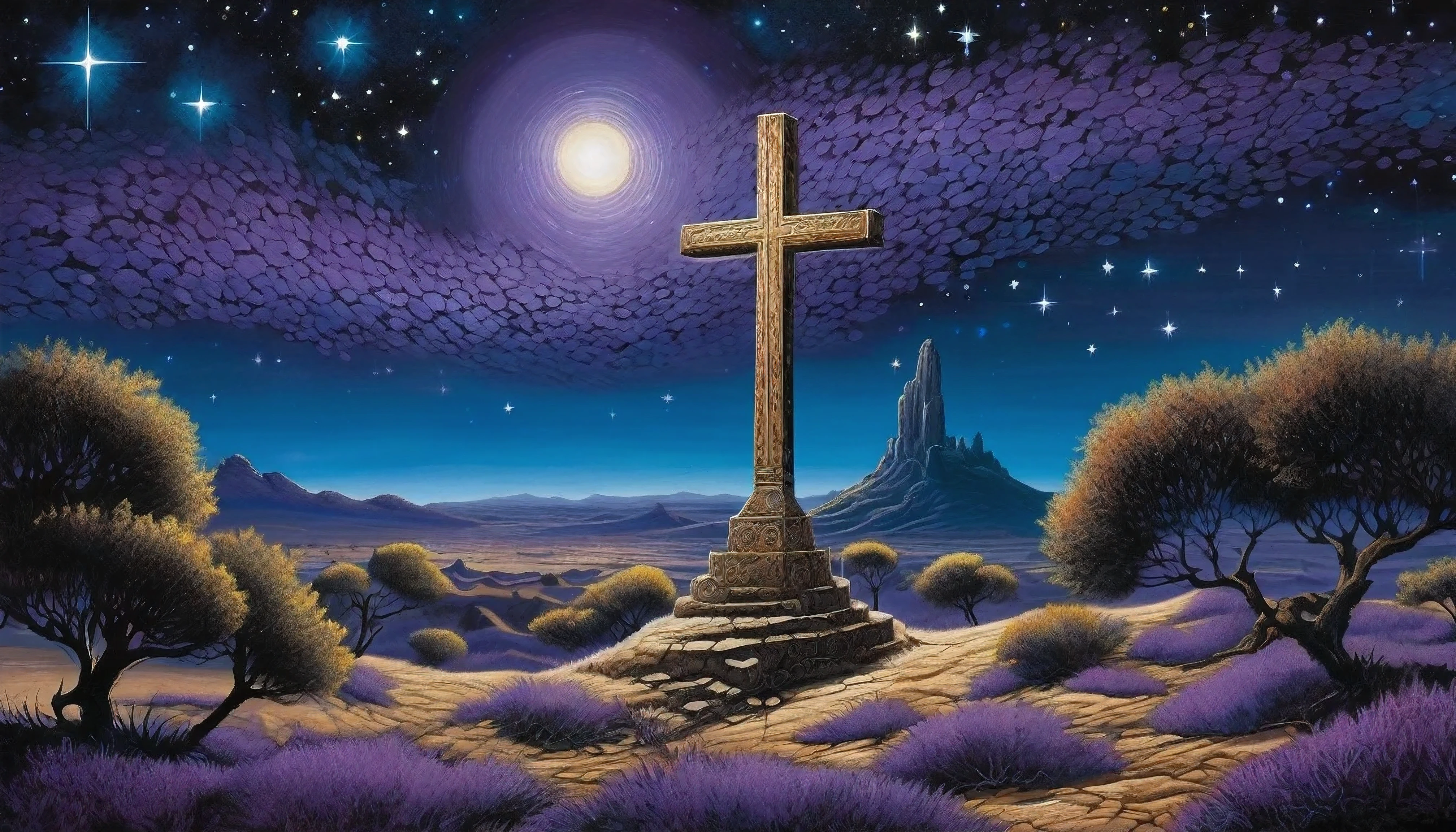 The painting depicts a deep, starry night sky, com a Cruz do Sul brilhando intensamente no centro. The surrounding stars are painted in dark blue and purple tones, creating a feeling of mystery and darkness. The cross itself is depicted in intricate detail, radiating a celestial light that seems to cut through the very fabric of the universe. Abaixo da cruz, there is an arid and desolate landscape, sugerindo um deserto ou uma terra abandonada. No horizonte distante, the shadows of ancient ruins can be glimpsed, giving a feeling of antiquity and mystery. The overall atmosphere is dark and melancholic, but also charged with a transcendental and sacred power, evoking the song&#39;s themes of spiritual quest and redemption.







