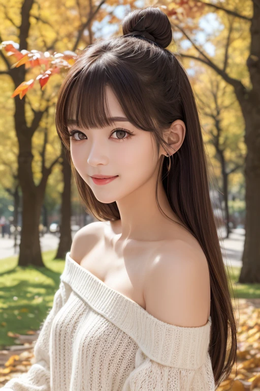 one girl, (a beauty girl, delicate girl:1.3), (24-years-old:1.3),
break, (Off-the-shoulder knit, Oversized knit、White knit dress:1.2),
break, Very fine grain definition, (Symmetrical eyes:1.3),
break, (A park with autumn leaves:1.3), 
break, Small breasts, Brown eyes, Parted bangs, Brown Hair,  girl,
break, (Eye and facial details:1.0),
break, (masterpiece, highest quality, Super detailed, Detailed face, 8k)、Thighs、Selfie、Sitting on the grass、smile、Braided、Large hair ornament