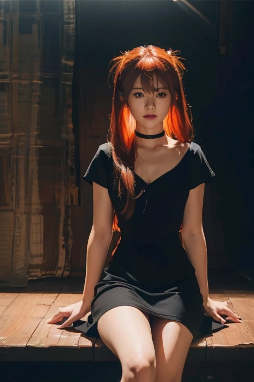 (1 lady), (Best quality at best:1.4), (ultra - detailed), (extremely detailed CG unified 16k), red hair, sitting on a wooden bench in a dark room, wearing a black dress, anime. soft lighting, portrait, photorealistic, photography, photorealistic, 8K High Quality RAW Photography, long hair, beautiful girl, attractive girl, seductive girl, very detailed, High-definition RAW color photo, professional photoshooting, amazing face and eyes, cosmetics, realistic cinematic face, gorgeous, extremely beautiful face, perfect model beauty, average facial expression, Highly Detailed Face and Skin Texture, Detailed Eyes, Double Eyelids, (masterpiece), best quality, high resolution, extremely detailed, amazing legs, clear and well-cared skin, blue eyes, euro-asian face, (perfect hands, symmetric hands, well defined hands, highly detailed hands)