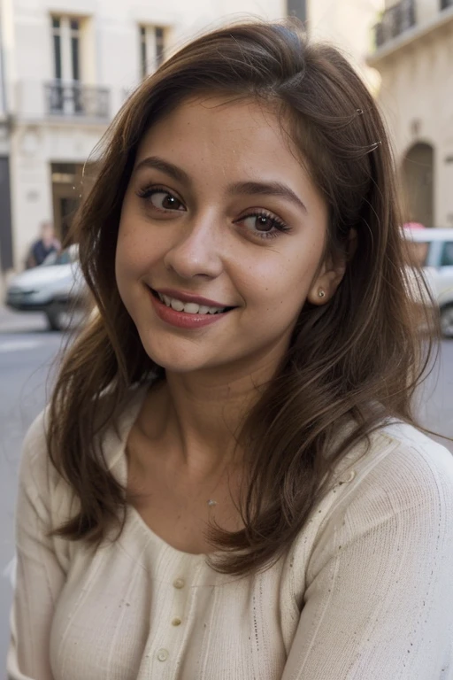 Mujer arafed ((cuerpo completo)), Top sexy blanco trasparente, Antro, Centro de la ciudad, Sueter beige, hombros descubiertos, falda rosa, Girl with brown eyes, Retrato, Brown hair and big eyes, Smiling sensually, Mujer joven pechos firmes y grandes , escote,Paris, violeta myers, Maquillaje natural, mirando directamente.