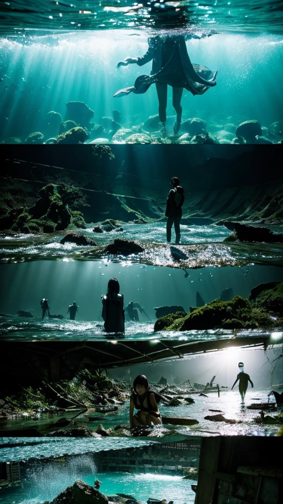 In the water,moss,Showa,Collapse,Devastation,Inside the ruins,Glasses,Women,adventure,Black and White,