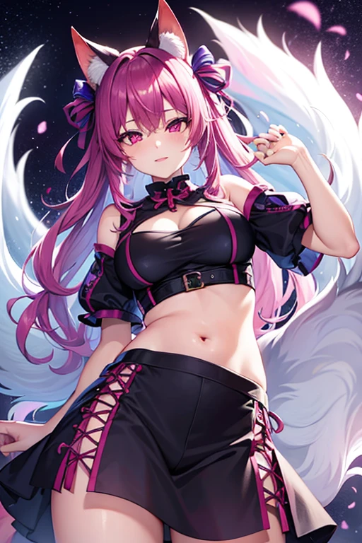 Nine-tailed fox demon(Black high ponytail,Slightly curled hair in front of the ears,Cold white skin)(Glamorous and sexy,Fornication and debauchery,Expose the entire breast,fishnets stockings,Black and purple tight leather clothing,Naked,spread their legs,Seven-doppelganger shot