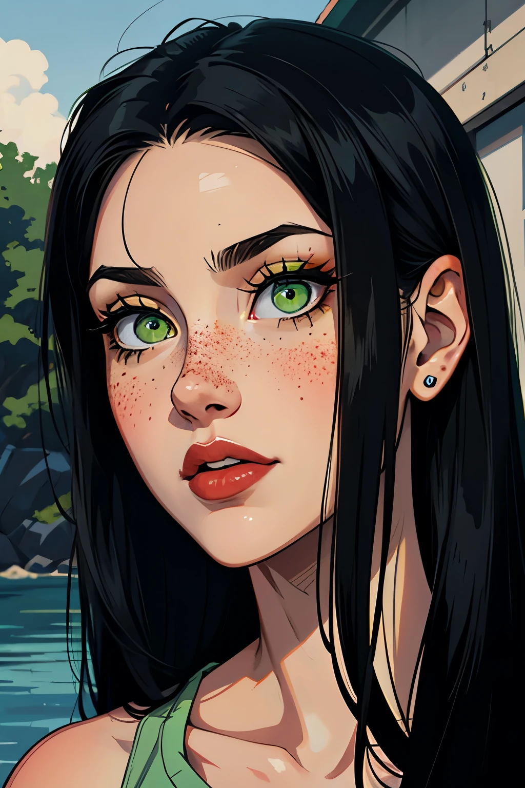 One girl, 20 years old, slanted_green_eyes, siren_eyes, straight_black_hair, pecas, retrato,