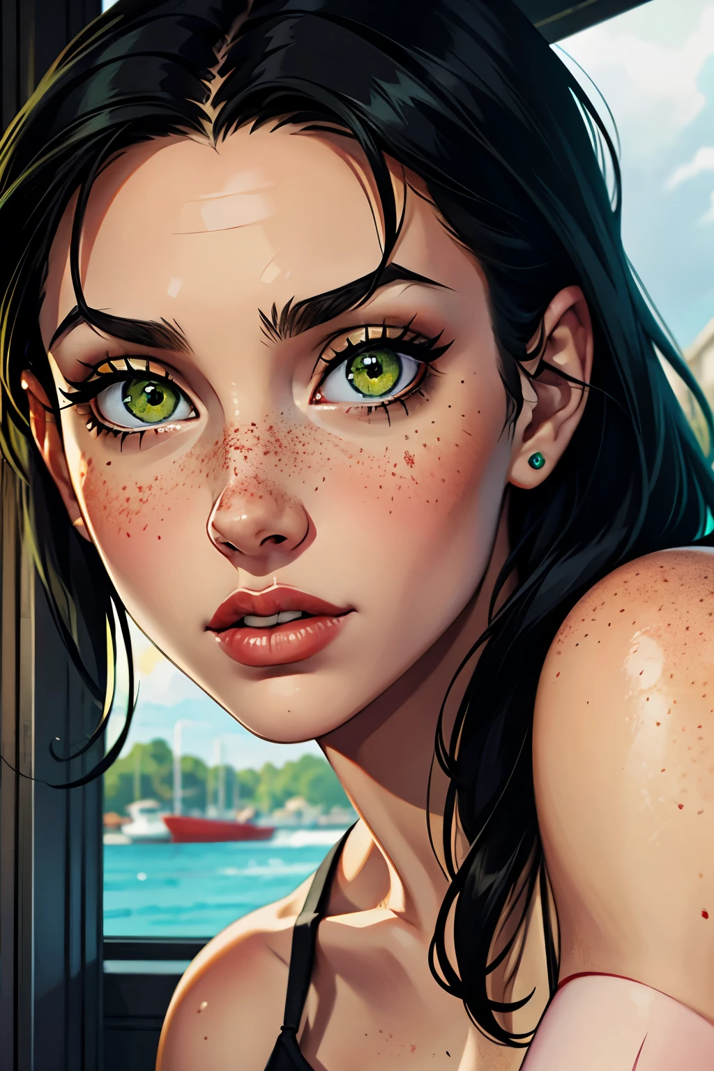One girl, 20 years old, slanted_green_eyes, siren_eyes, straight_black_hair, pecas, retrato,