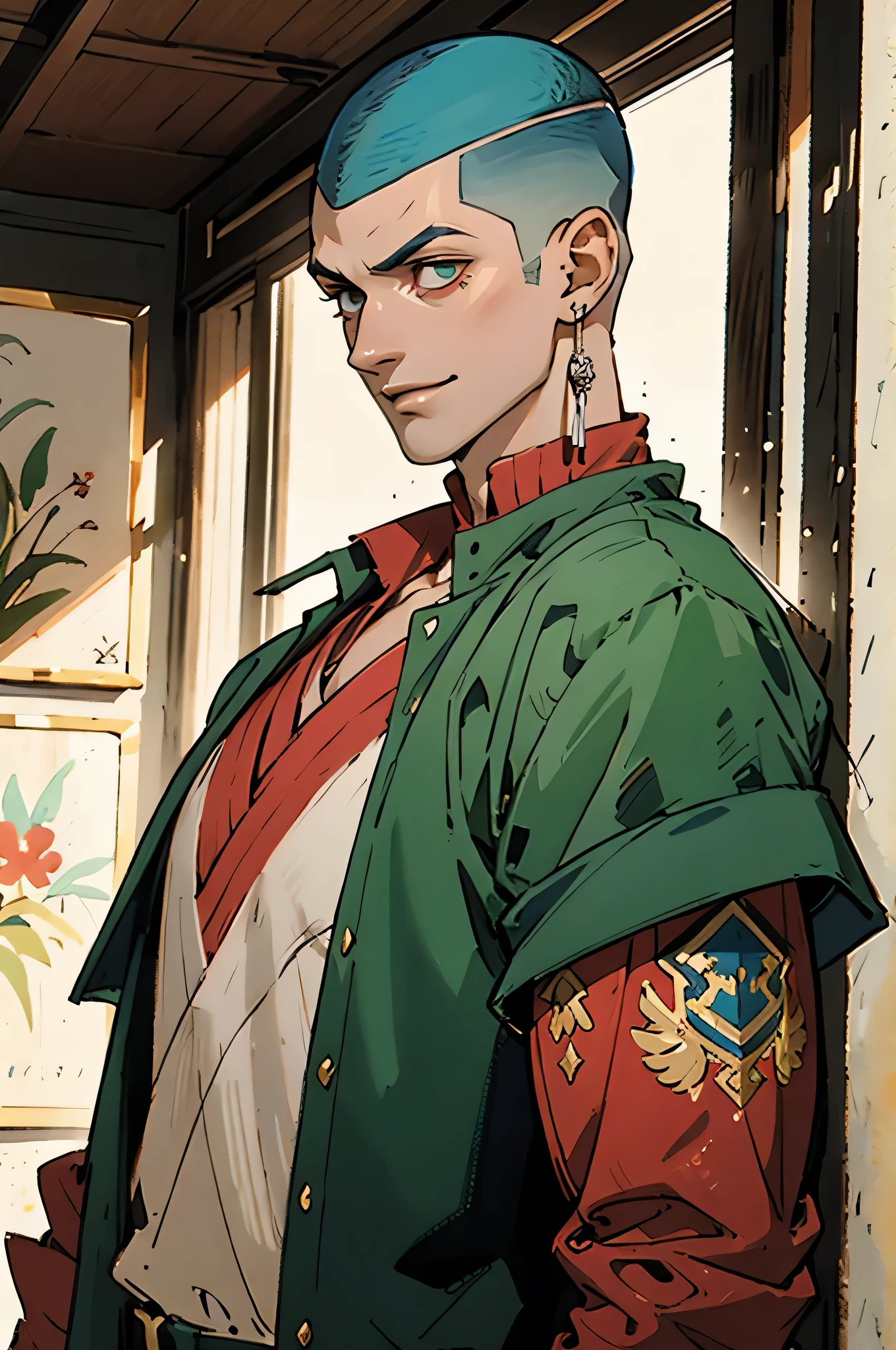 In the backdrop of an ancient fantasy-reality setting, a youth sporting a platinum crew cut displays a piercing gaze and confident demeanor. Adorned in a two-piece fusion outfit, seamlessly blending Western and Eastern influences, he wears a snug dark top paired with a vibrant green-blue short jacket. The overall aesthetic captures the essence of a refined and mature anime-inspired  rogue, symmetrical face, extremely detailed eyes and face, high quality eyes, high definition, highres, ultra-fine painting, exquisite and mature, extremely delicate, professional, anatomically correct, creativity, UHD, HDR, 32k, Natural light, cinematic lighting, best shadow, masterpiece-anatomy-perfect, best quality, masterpiece, ultra-detailed,((upper body)),((neutral smile)),