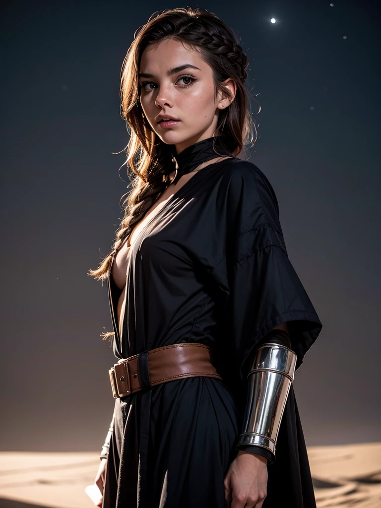 raw photo, close up photo, (ung girl), brunette, long braid, Sith costume, dark warrior, Star Wars style, night desert, dark lighting, standing, dynamic angle