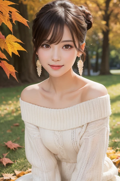 one girl, (a beauty girl, delicate girl:1.3), (20-year-old:1.3),
break, (Off-the-shoulder knit, Oversized knit、White knit dress:1.2),
break, Very fine grain definition, (Symmetrical eyes:1.3),
break, (A park with autumn leaves:1.3),
break, Small breasts, Brown eyes, Parted bangs, Brown Hair, girl,
break, (Eye and facial details:1.0),
break, (masterpiece, highest quality, Super detailed, Detailed face, 8k)、Thighs、Selfie、Sitting on the grass、smile、Bun Hair、Large hair ornament、Earrings