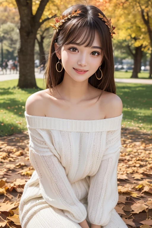 one girl, (a beauty girl, delicate girl:1.3), (20-year-old:1.3),
break, (Off-the-shoulder knit, Oversized knit、White knit dress:1.2),
break, Very fine grain definition, (Symmetrical eyes:1.3),
break, (A park with autumn leaves:1.3), 
break, Small breasts, Brown eyes, Parted bangs, Brown Hair,  girl,
break, (Eye and facial details:1.0),
break, (masterpiece, highest quality, Super detailed, Detailed face, 8k)、Thighs、Selfie、Sitting on the grass、smile、Bun Hair、Large hair ornament、Earrings