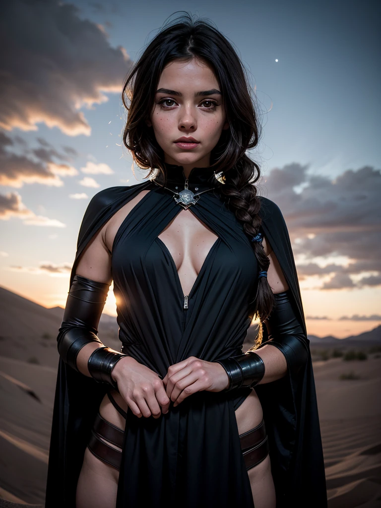 raw photo, close-up photo, (ung girl), brunette, long braid, Sith costume, dark warrior, star wars style, night desert, standing looking at the viewer, dark lighting, standing, dynamic angle