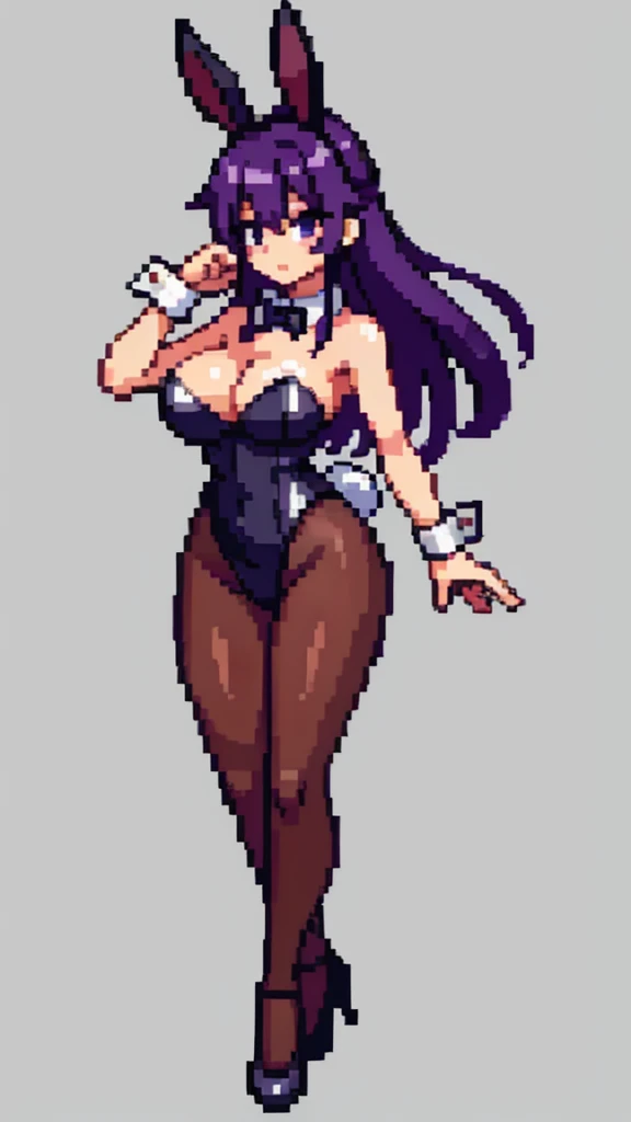 Pixel art, 6-life, full body,run,animal ears, rabbit ears, playboy bunny, a woman, wrist cuffs, leotard, black leotard, fake animal ears, detached collar, tail, pantyhose, strapless leotard , solo, bow, long hair, strapless, bowtie, rabbit tail, high heels, purple hair'full body, black bowtie, brown legwear, white background, standing, black bow, simple background, hair ornament, breasts,Big breasts,black footwear, cleavage, Saori Kido