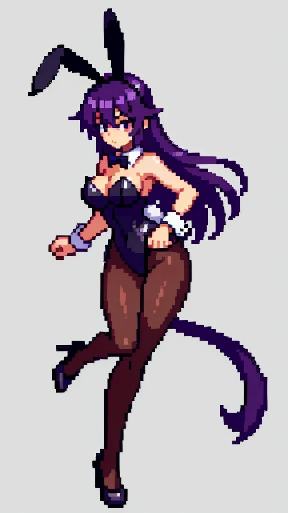 Pixel art, 6-life, full body,run,animal ears, rabbit ears, playboy bunny, a woman, wrist cuffs, leotard, black leotard, fake animal ears, detached collar, tail, pantyhose, strapless leotard , solo, bow, long hair, strapless, bowtie, rabbit tail, high heels, purple hair'full body, black bowtie, brown legwear, white background, standing, black bow, simple background, hair ornament, breasts,Big breasts,black footwear, cleavage, Saori Kido
