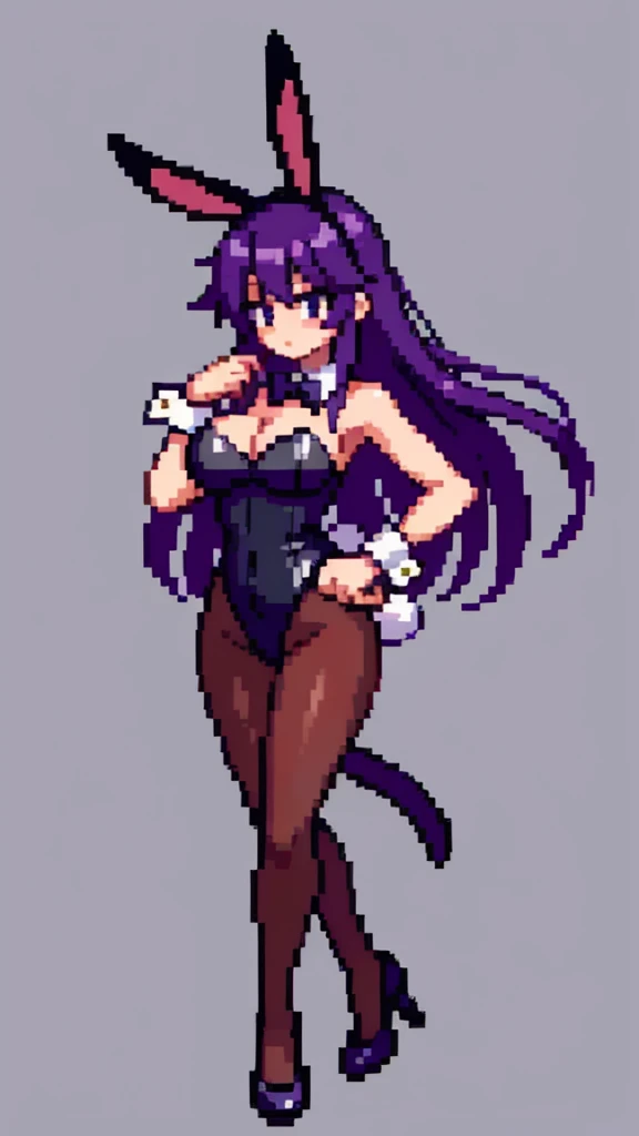 Pixel art, 6-life, full body,run,animal ears, rabbit ears, playboy bunny, a woman, wrist cuffs, leotard, black leotard, fake animal ears, detached collar, tail, pantyhose, strapless leotard , solo, bow, long hair, strapless, bowtie, rabbit tail, high heels, purple hair'full body, black bowtie, brown legwear, white background, standing, black bow, simple background, hair ornament, breasts,Big breasts,black footwear, cleavage, Saori Kido