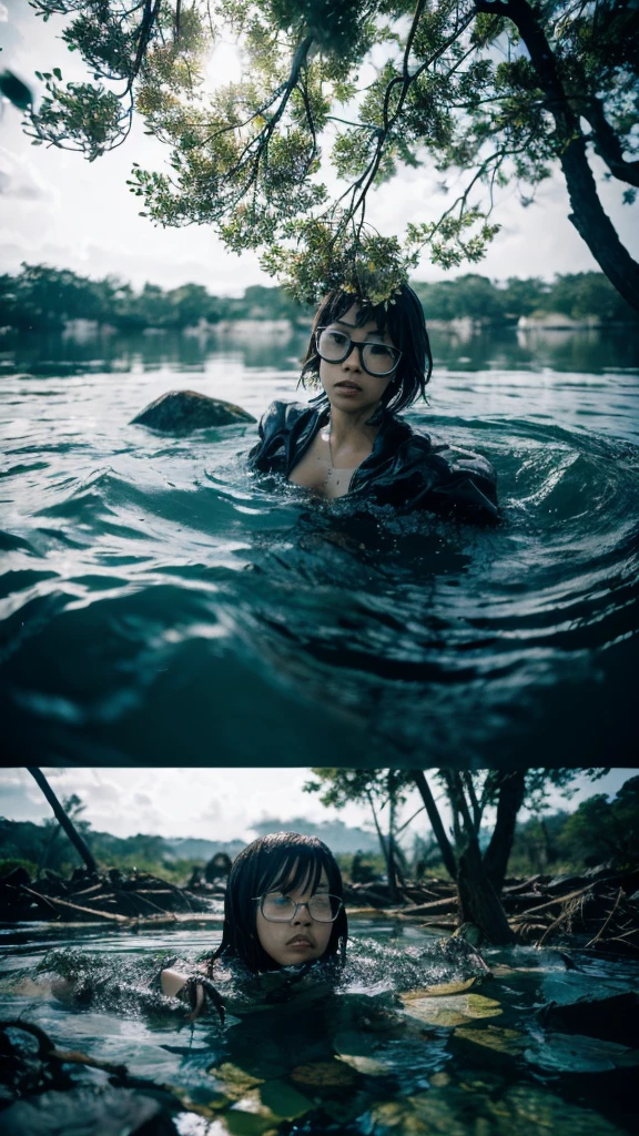 In the water,moss,Showa,Collapse,Devastation,Inside the ruins,Glasses,Women,adventure,Black and White,