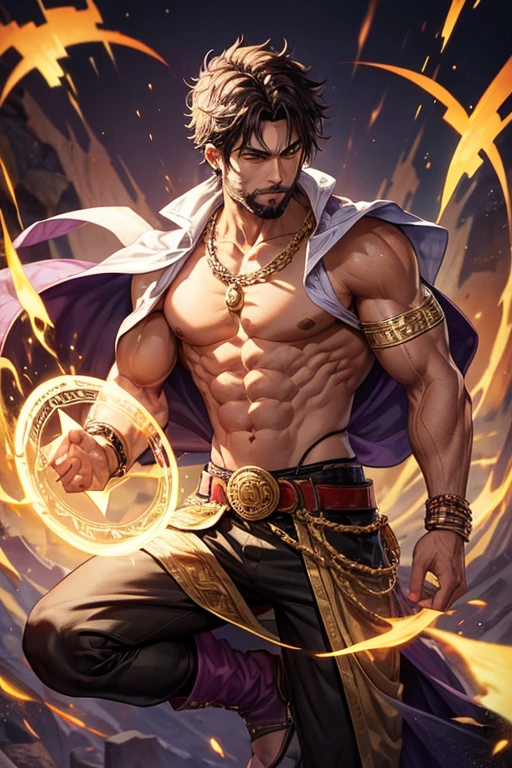 30-year-old man, short brown and black hair, with brown beard, short messy hair, dark skin, yellow eyes, djinn clothing, open purple sleeveless vest, purple vest with white Arabic print, black Arabic pants, gold belt, djinn bracelet with gems, purple boots, brown boots, phosphorescent gold tattoos, surrounded by fire and white smoke with magic circles with chains tied to hands and feet surrounded by white chains on a background of Arab ruins. with magic circles and a crown of fire on his head, slim and muscular build