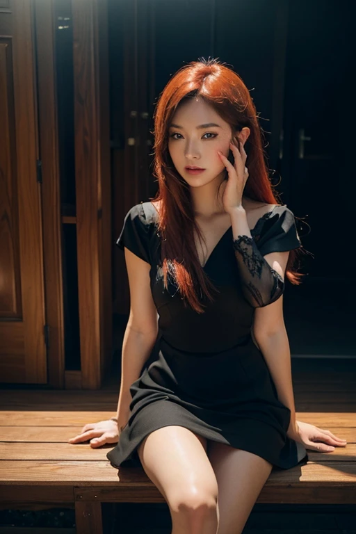 (1 lady), (Best quality at best:1.4), (ultra - detailed), (extremely detailed CG unified 16k), red hair, sitting on a wooden bench in a dark room, wearing a black dress, anime. soft lighting, portrait, photorealistic, photography, photorealistic, 8K High Quality RAW Photography, long hair, beautiful girl, attractive girl, seductive girl, very detailed, High-definition RAW color photo, professional photoshooting, amazing face and eyes, cosmetics, realistic cinematic face, gorgeous, extremely beautiful face, perfect model beauty, average facial expression, Highly Detailed Face and Skin Texture, Detailed Eyes, Double Eyelids, (masterpiece), best quality, high resolution, extremely detailed, amazing legs, clear and well-cared skin, blue eyes, euro-asian face, (perfect hands, symmetric hands, well defined hands, highly detailed hands)